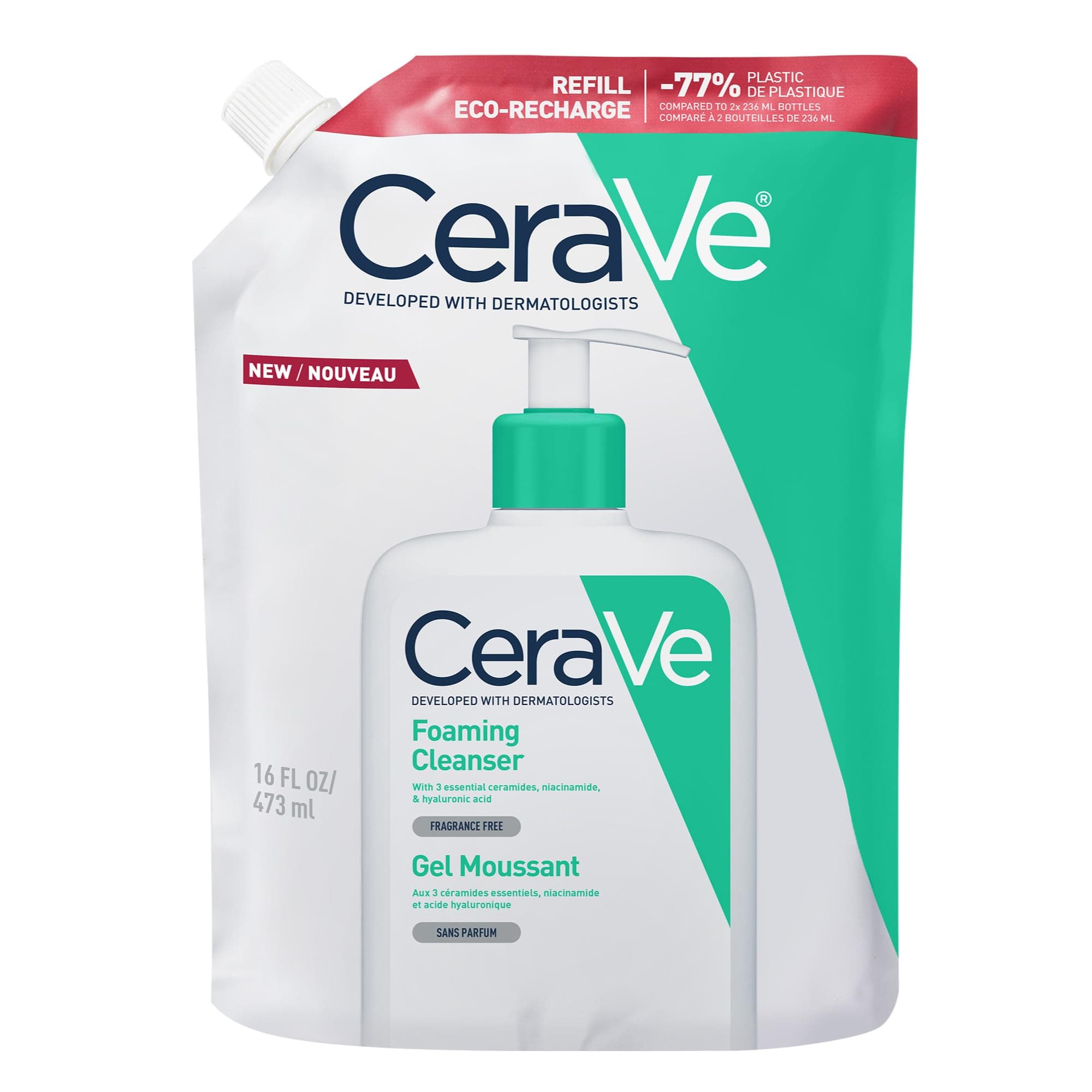 CeraVe Schiuma Detergente, Per Pelli da Normali a Grasse, Adatto a Viso e Corpo, Con Ceramidi Essenziali, Niacinamide e Acido Ialuronico, Confezione Refill, 473 ml​