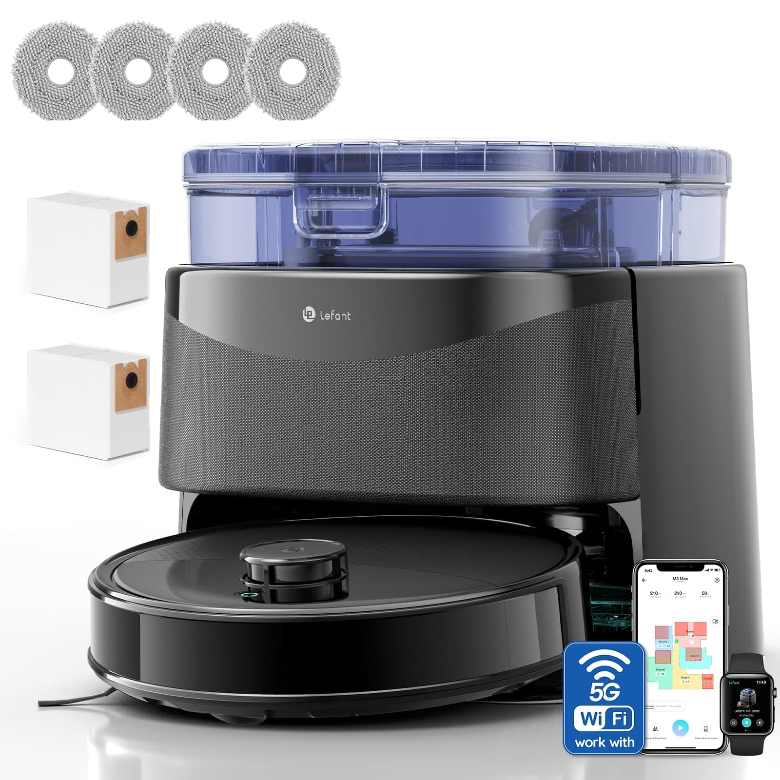 Lefant M3Ultra Robot Aspirateur Laveur, Station Auto-Nettoyage, Navigation Laser dToF 15m, Aspiration 23000Pa, Autonomie 220min, Lavage 75℃, Séchage Froid, Évitement d'obstacles PSD, WiFi 5G