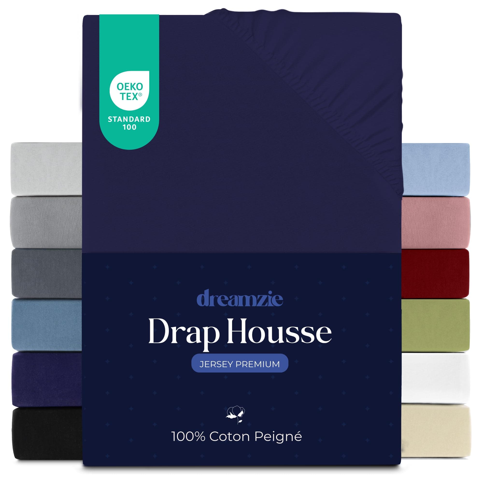 Dreamzie Drap Housse 160x200 cm, Jersey 100% Coton Premium, Hauteur De Matelas Jusqu'à 27 cm, Hypoallergénique, Oeko-Tex, Bleu Foncé
