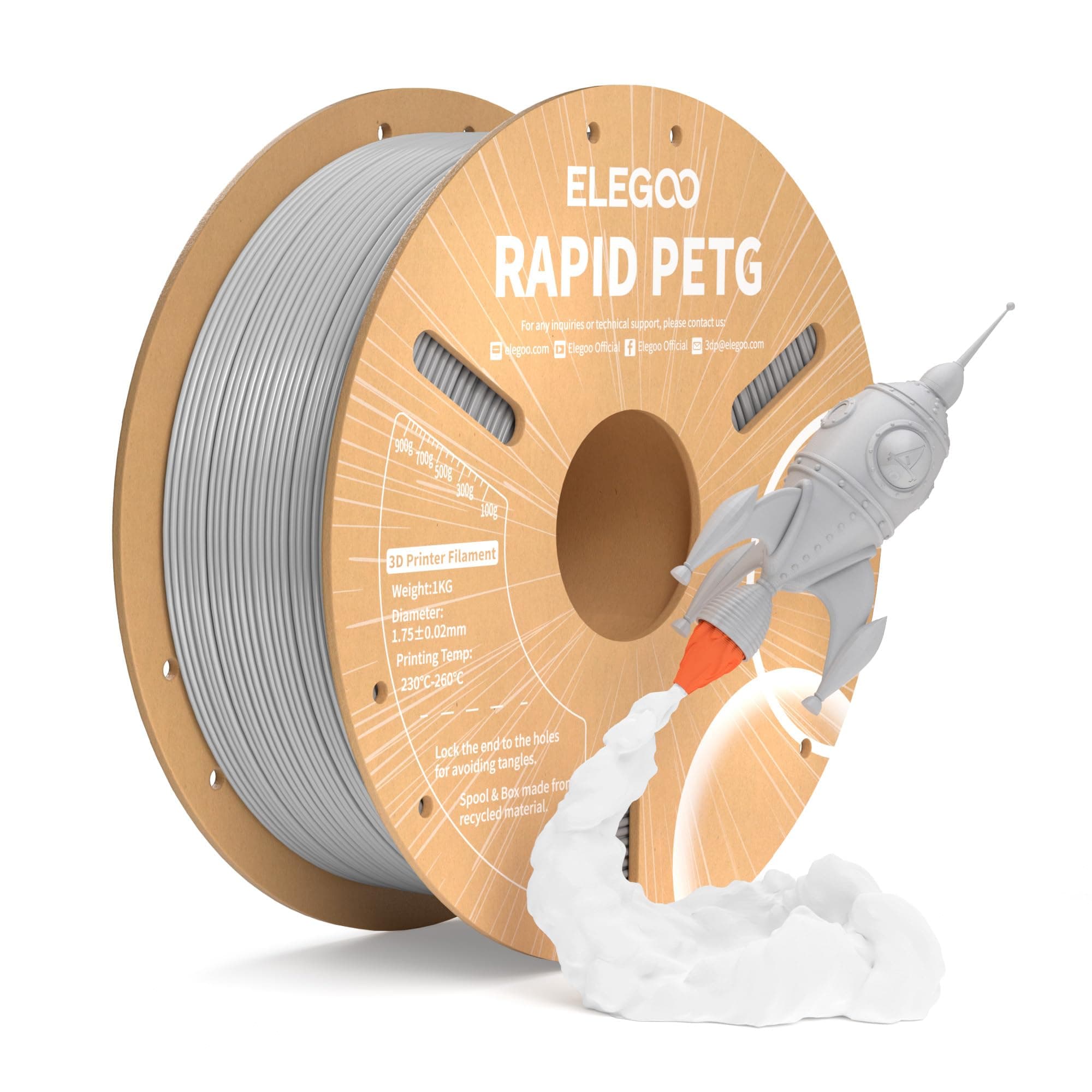 ELEGOO Filamento PETG Rápido 1.75 1KG Gris, PETG de Alta Velocidad 30-600mm/s para Impresora 3D, Precisión Dimensional +/- 0.02mm, Carrete Filamento 3D, para Mayoría Impresoras 3D