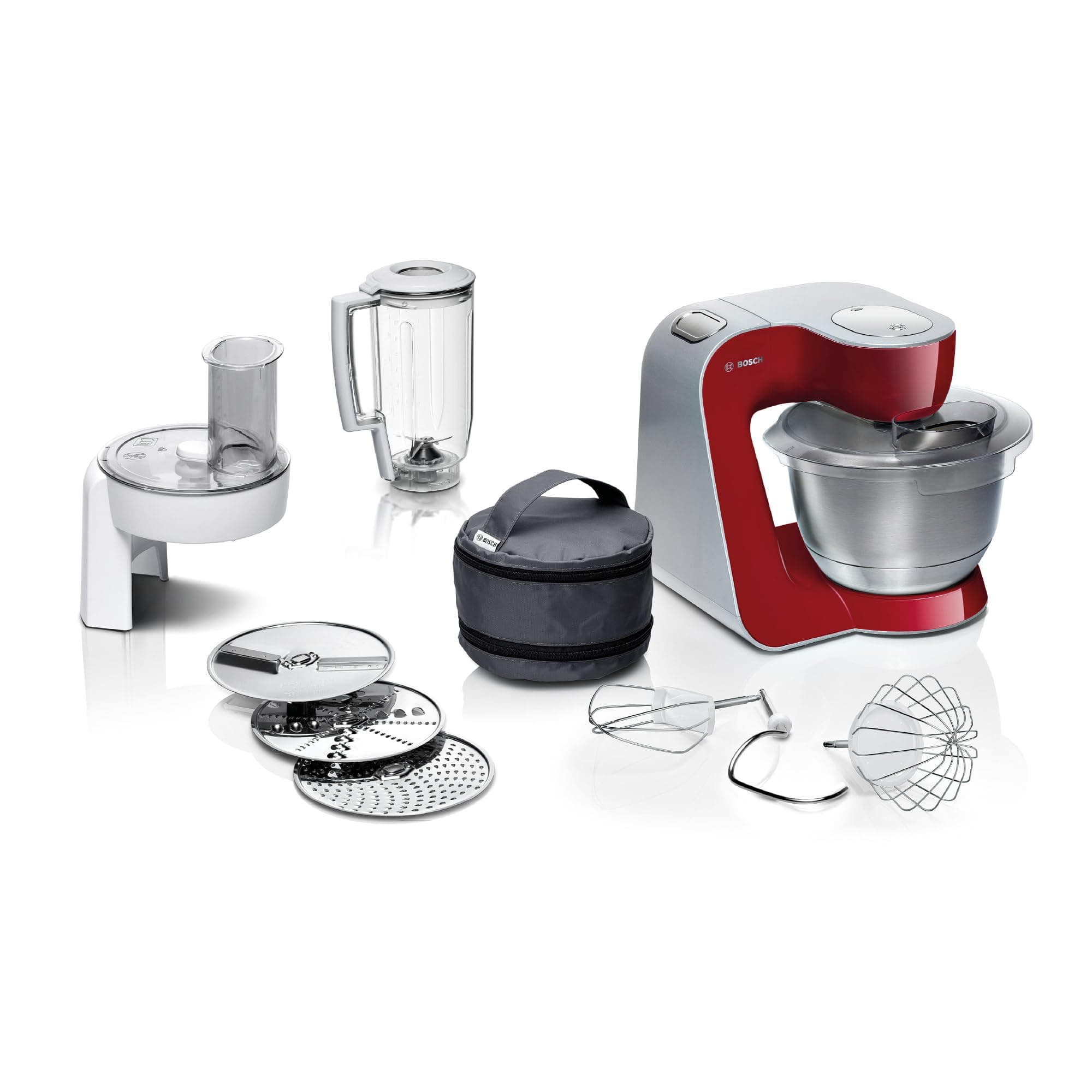 Bosch Küchenmaschine Serie 4, Edelstahl-Schüssel 3,9 L spülmaschinenfest, Mixer 1,25 L, Planetenrührwerk,Knethaken,Schlag,Rührbesen, Durchlaufschnitzler, 3 Scheiben, 1000 W, Dunkelrot, MUM58720