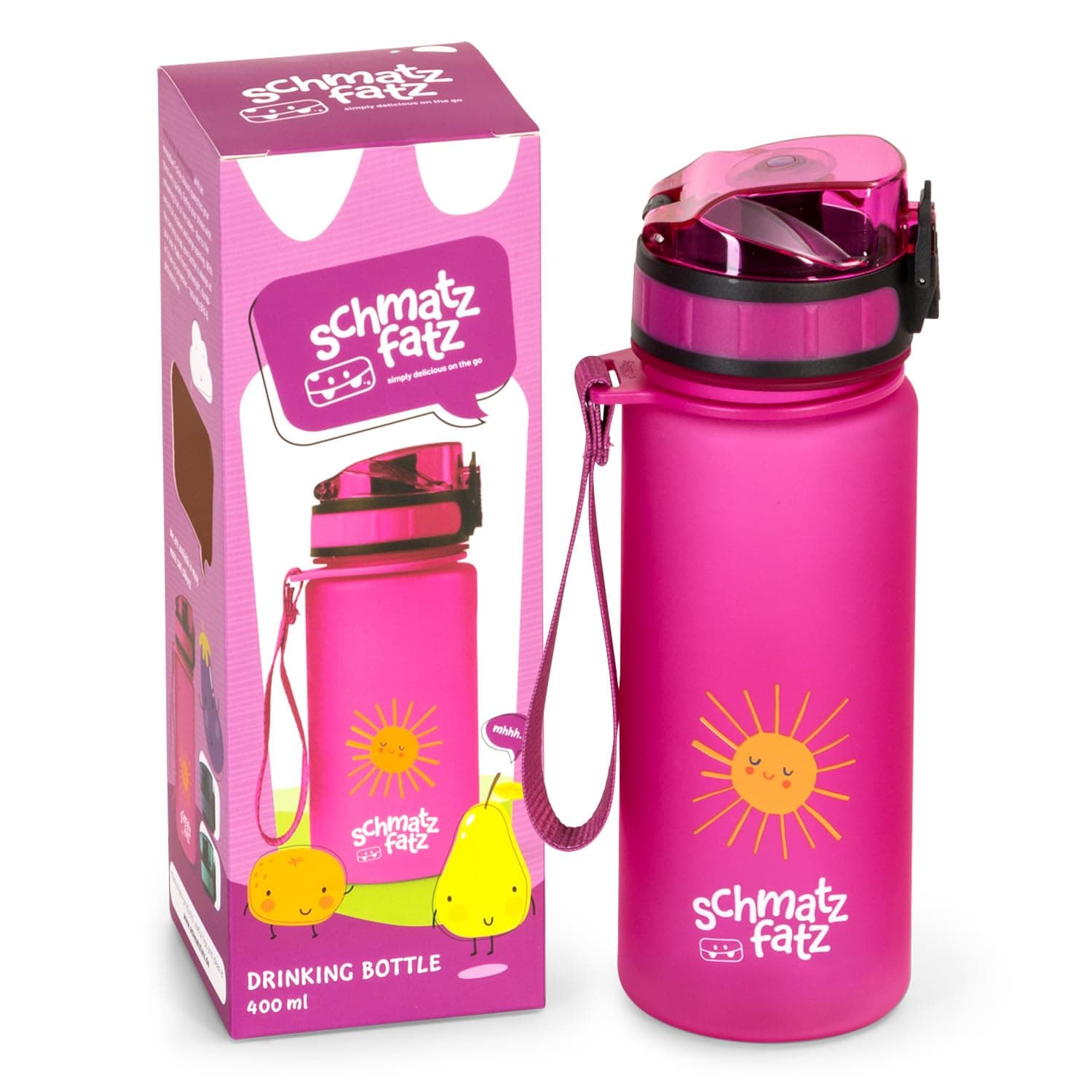 schmatzfatz Kinder Trinkflasche 400ml, Sport für Schule Kindergarten, 1-Klick Verschluss, Geschmacksneutrale Wasserflasche, Auslaufsicher mit Fruchteinsatz, BPA-Frei