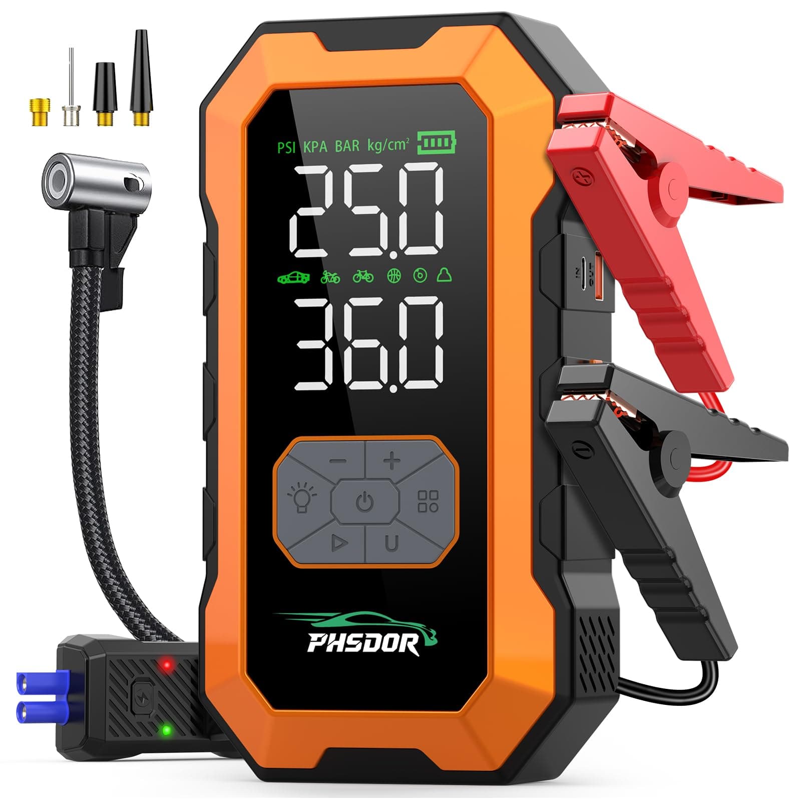 8000A Booster Batterie Voiture avec Gonfleur 150PSI, 25000mAh Démarreur Batterie Voiture (Tous Gaz ou 10L Diesel), 12V Booster de Batterie, Jump Starter avec Lumière LED (Orange)