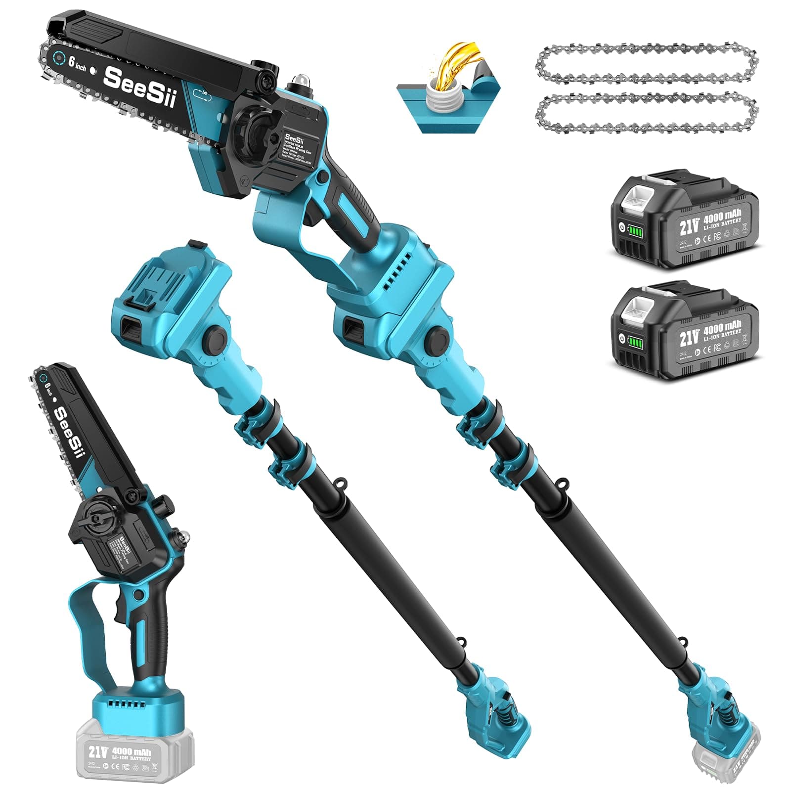 SEESII 2-in-1 Motosega Telescopico & Mini Motosega, Potacorte Elettrico Brushless da 6 Pollici con Manico Telescopico, Sega per Rami a Alimentazione Batterica con 2 Batterie da 4000mAh