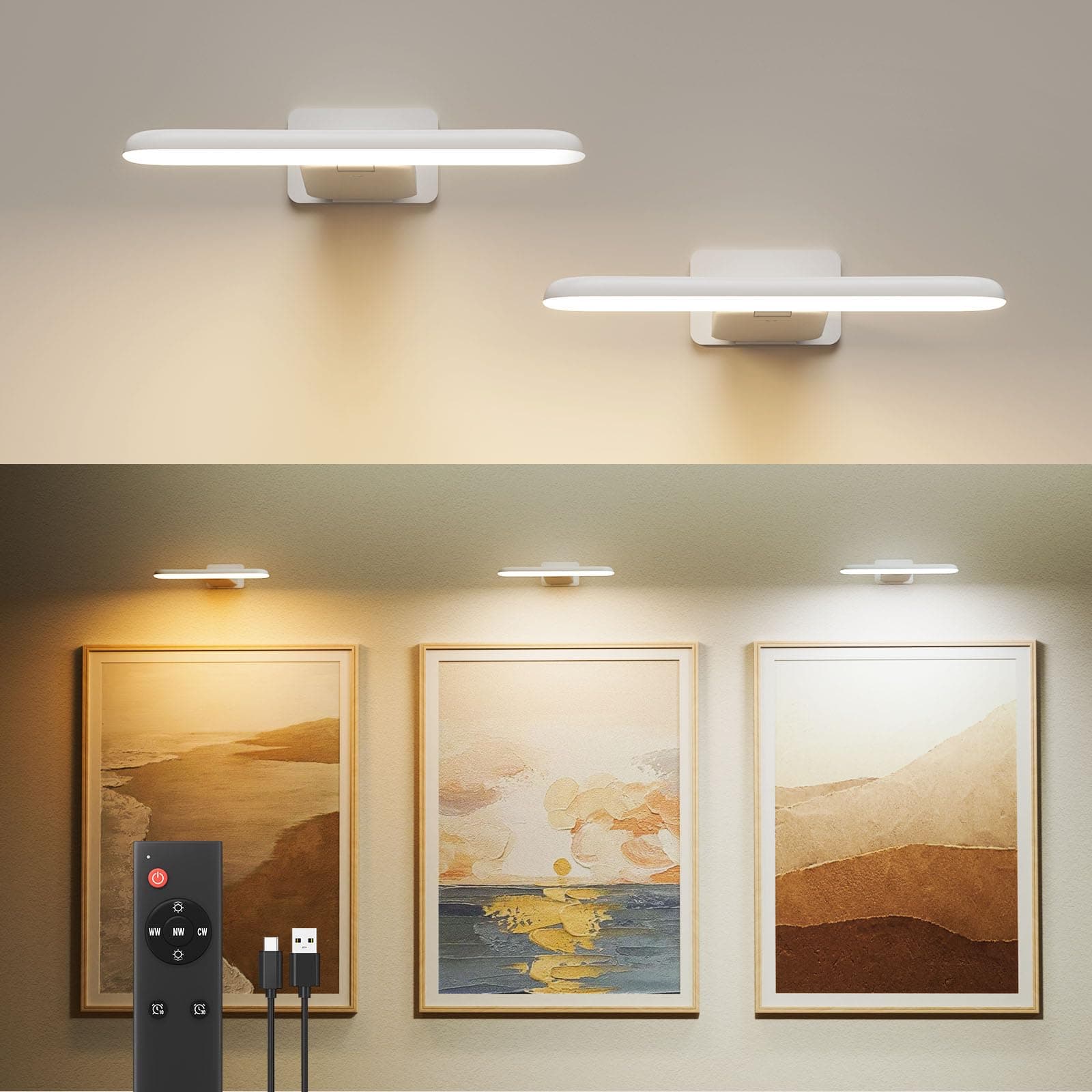 FULEN Applique Murale pour Tableaux, Éclairages Murales à Batterie Rechargeable, Lampe LED sans Fil pour Cible de Fléchettes, Lumiere pour Photos, 3 Températures de Couleur, Télécommande,Blanc