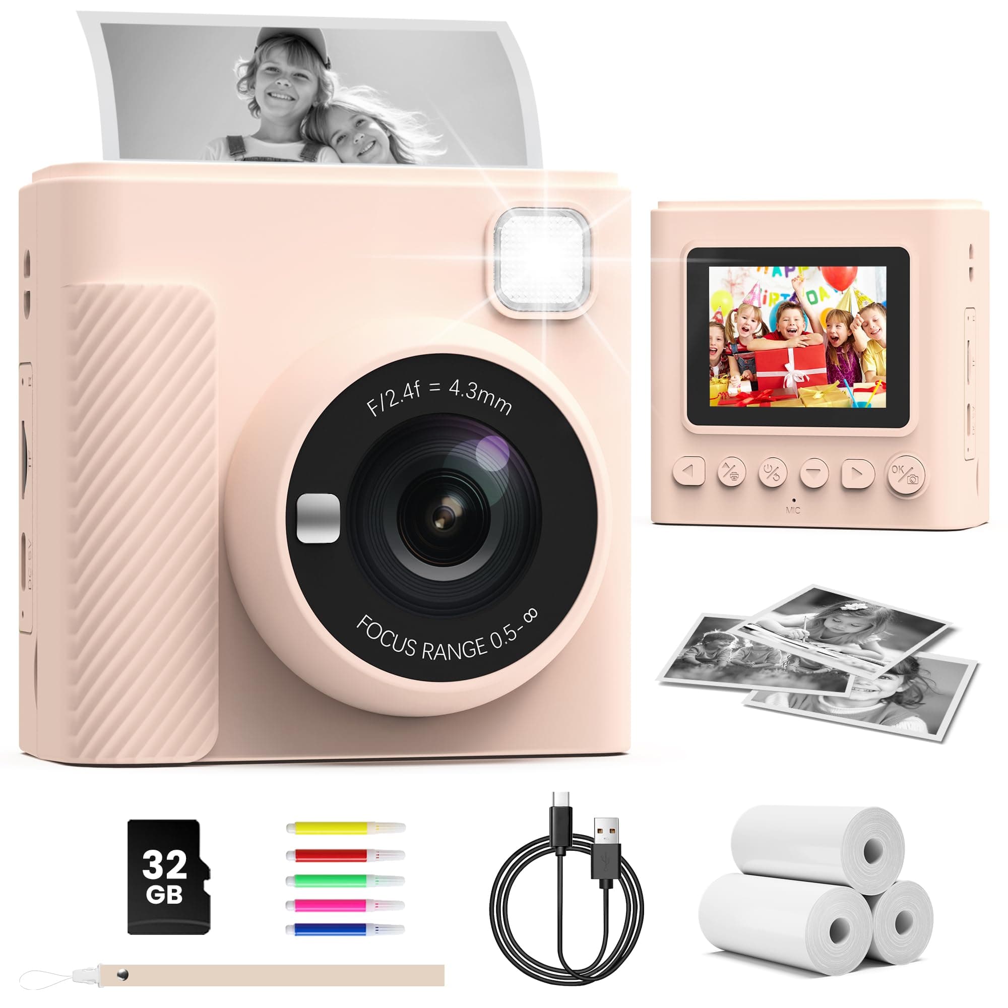TIATUA Macchina Fotografica Bambini Istantanea, 2.4 Pollici 1080P Fotocamera Digitale Bambini con 32GB Scheda & Papier Photo, Regalo di Natale per Bambin i dai 3-12 Anni