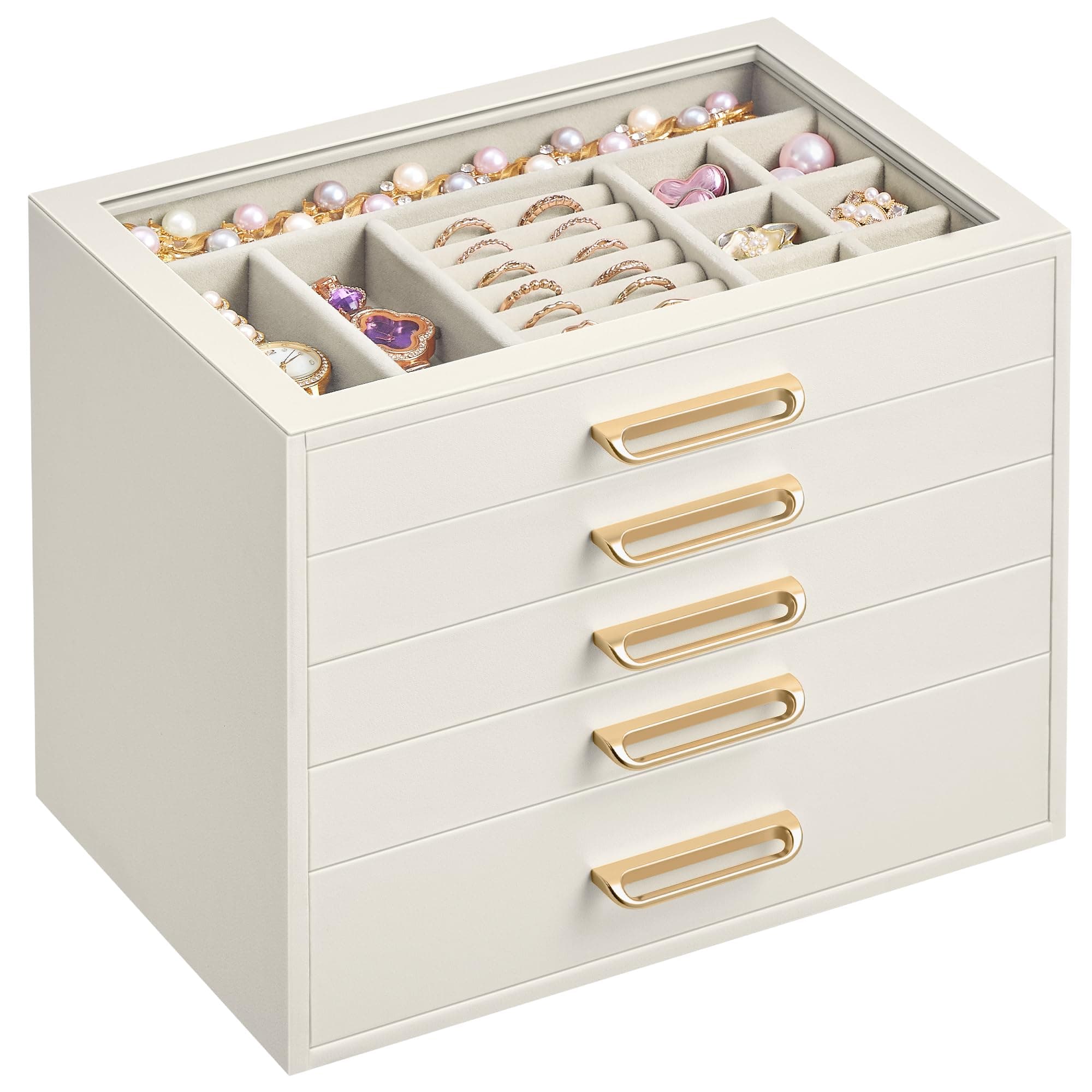 SONGMICS Joyero, Organizador de Joyas con 5 Cajones y Tapa de Cristal | Para Anillos, Collares, Pendientes, 24 x 17,2 x 18,4 cm, Blanco Crema y Blanco, Colección GLORIBEL JBC205W201