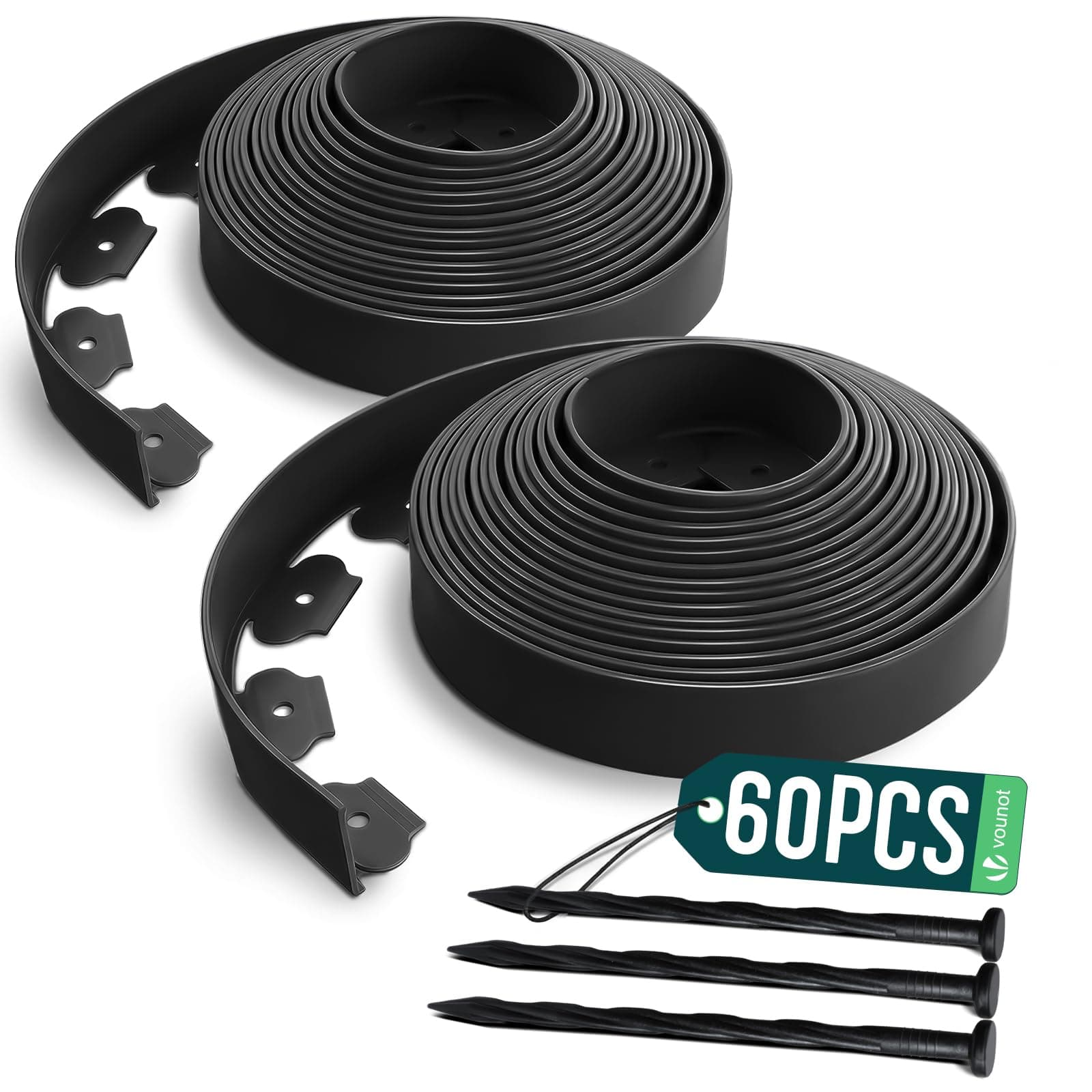 VOUNOT® Bordure de Jardin en Plastique 20 mètres avec 60 Piquets d'ancrage Bordurette de Pelouse Flexible Bordure de Gazon avec piquets Solides Idée de Jardin Hauteur 50mm, Epaisseur 4mm Noir