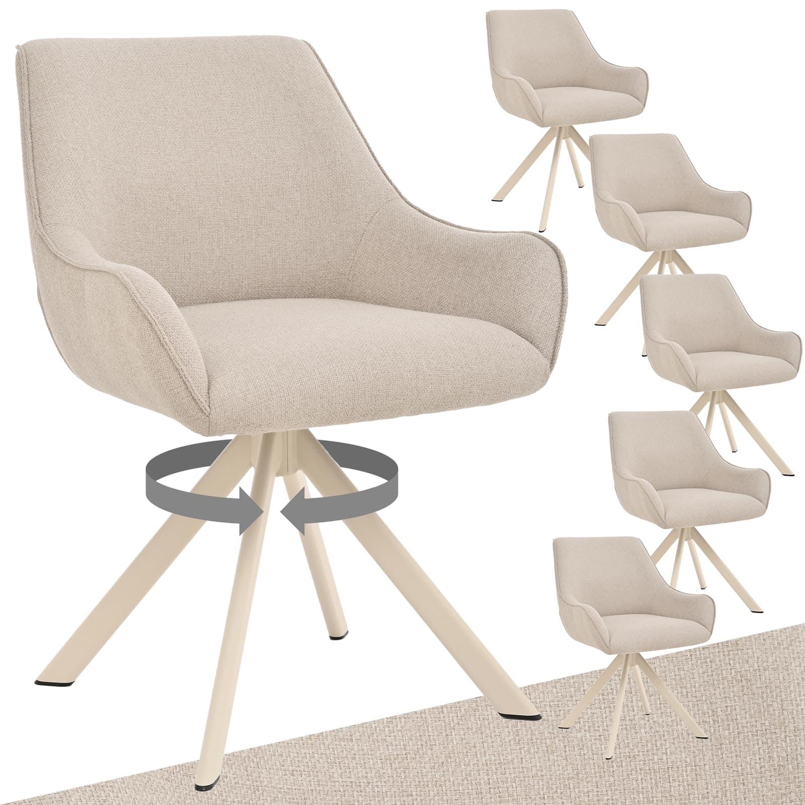 Goeurvant Lot de 6 chaises de salle à manger pivotantes avec accoudoirs, pivotantes à 360°, modernes, en lin, avec structure en métal beige et dossier, pour salle à manger, salon, bureau - Beige