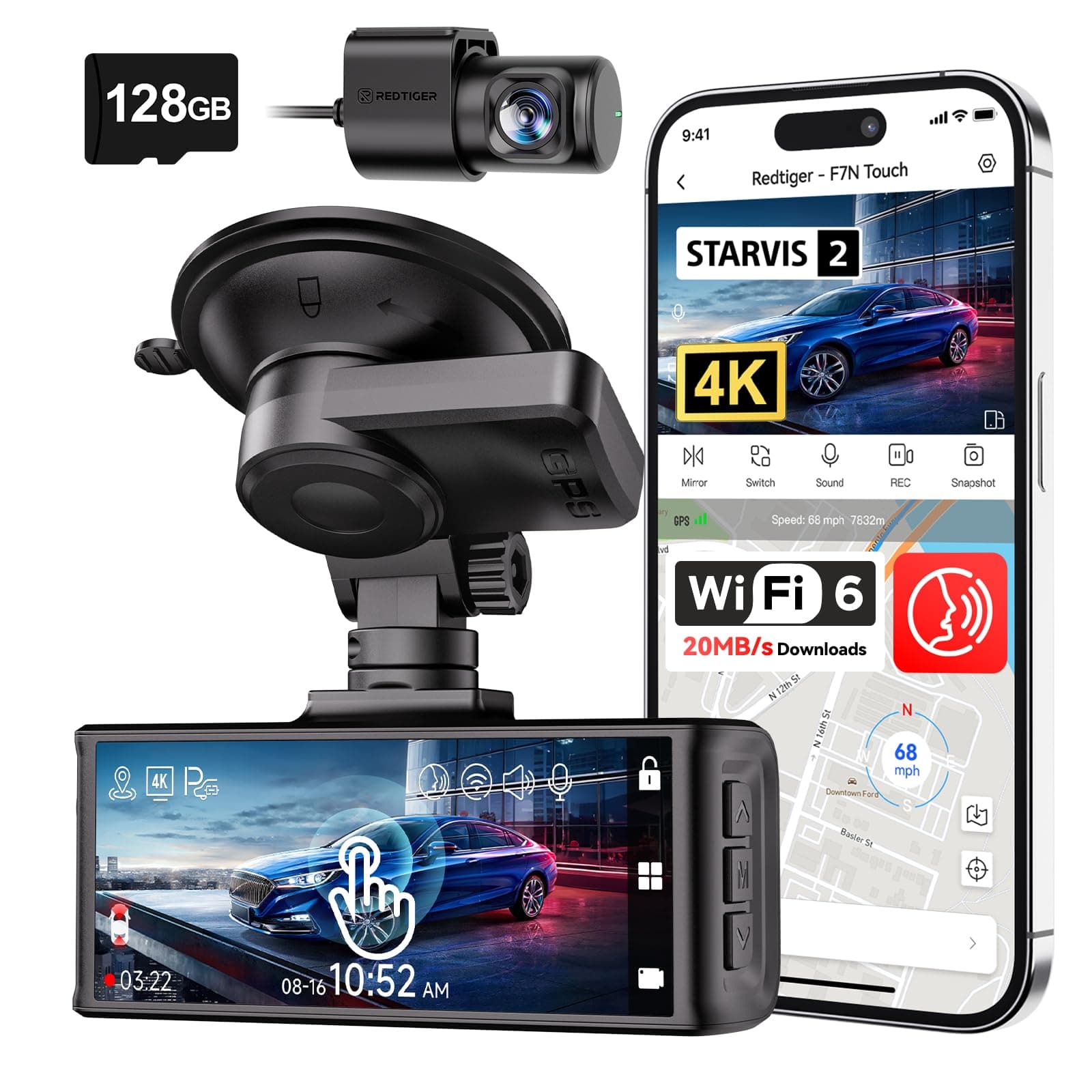 REDTIGER STARVIS 2 Dashcam Voiture 4K,Écran Tactile 3,18 Pouces,Carte Mémoire 128Go,GPS,WiFi 5,8G,Contrôle Vocal,Vision Nocturne UHD 2160P,Verrouillage d'urgence,Moniteur de Stationnement(F7N Touch)
