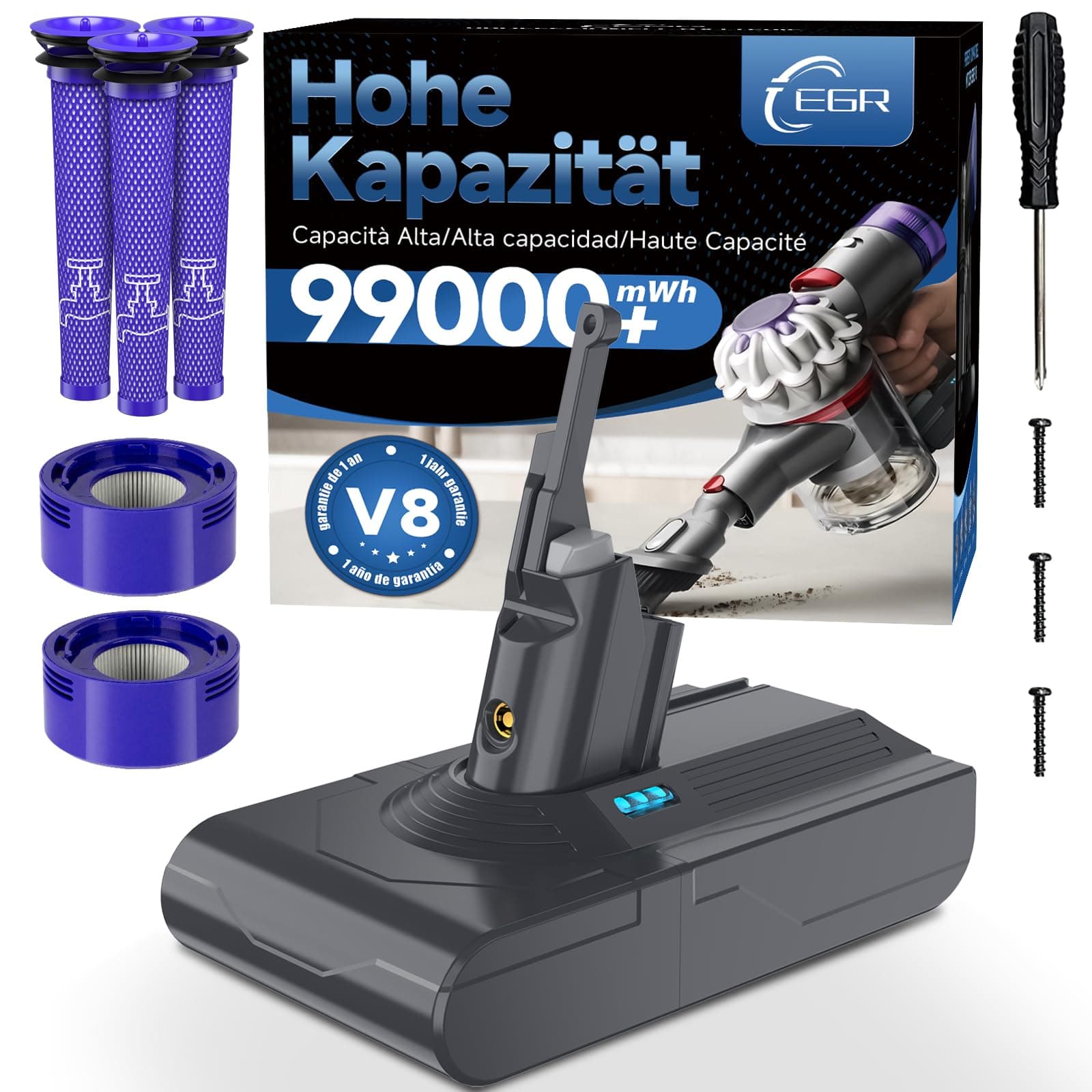 EGR Mejorada V8 Batería para Dyson V8 Absolute/Animal/Motorhead/Fluffy SV10 Carbon Fiber Aspiradora Batería de Repuesto con 5 Filtros y 3 Tornillos