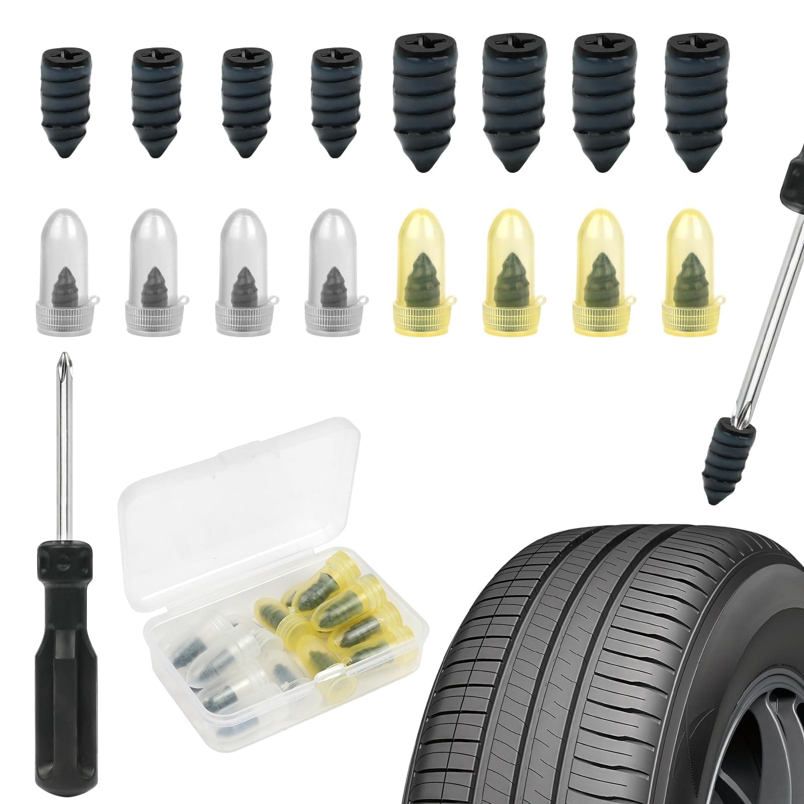 Adiwo Clavos de Reparación de Neumáticos de Goma, 16 PCS Tubeless Tire Repair Stud Kit, 2 Tamaños Tire Repair Studs with Screwdriver, Car, Motorcycle, Truck, Bike Tire Repair Kit (8S+ 8L)