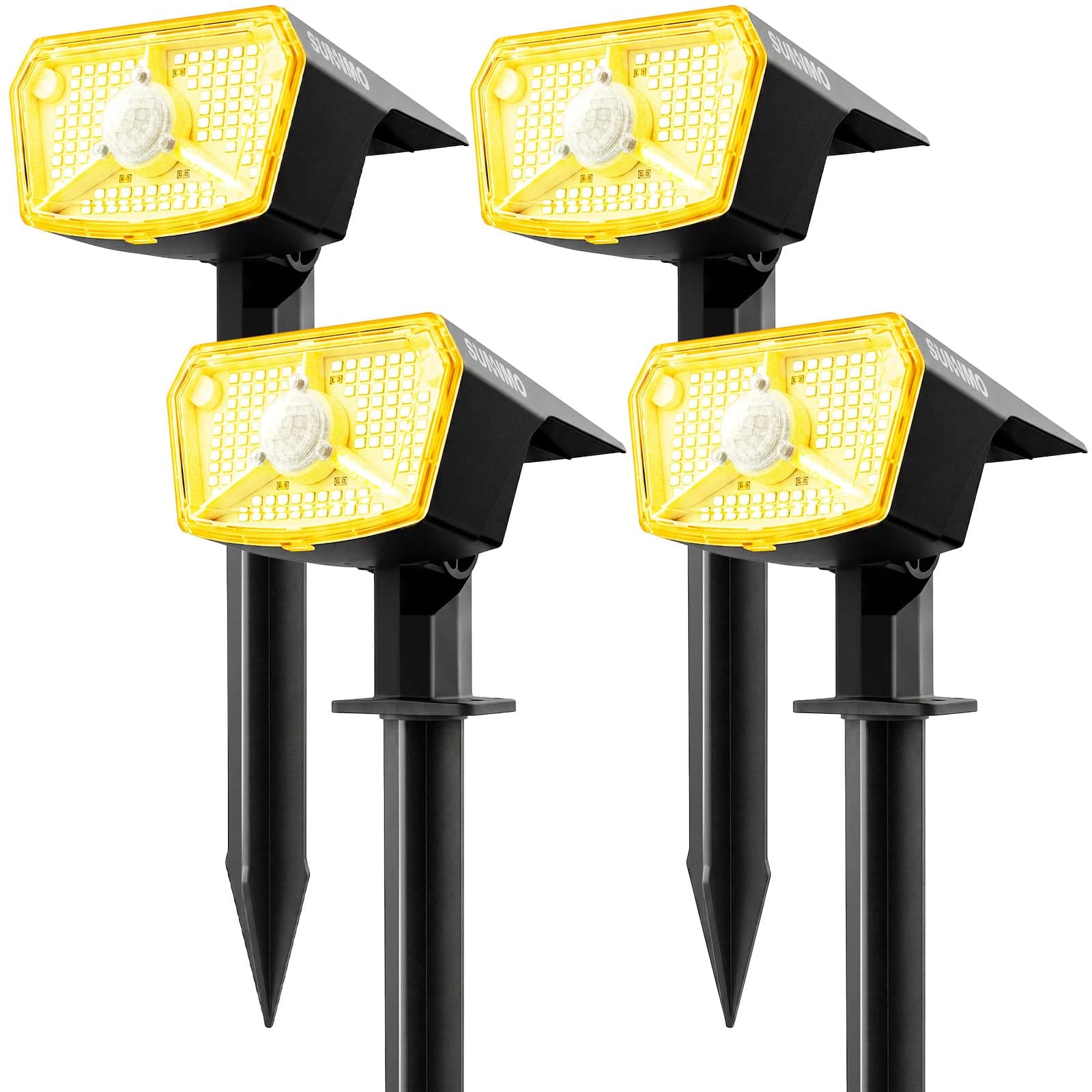 SUNNMO Luces Solares LED Exterior Jardin con Sensor de Movimiento, 4 Piezas Focos LED Exterior Solares Jardin Potentes 104LED 3Modos, Foco Lampara Luz Solar Exterior Jardin IP65 Impermeable Luz Calida