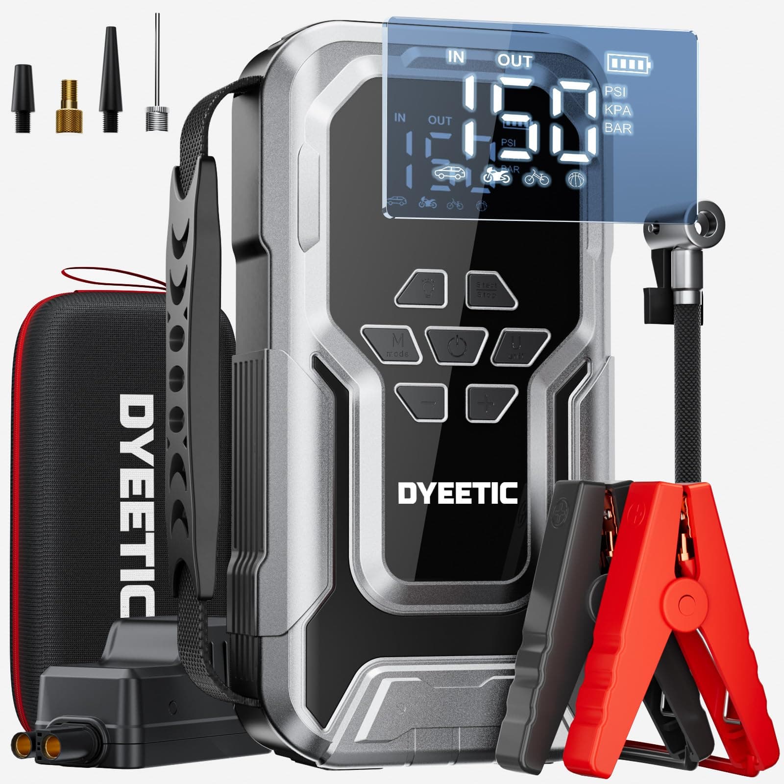 DYEETIC 6000A Arrancador de Batería de Coche con Compresor, 150PSI Compresor de Aire 12V Arrancador de Coches (Motores Toda Gasolina o 10L Diésel), Linterna LED, Cables de Salto Inteligentes (Argento)