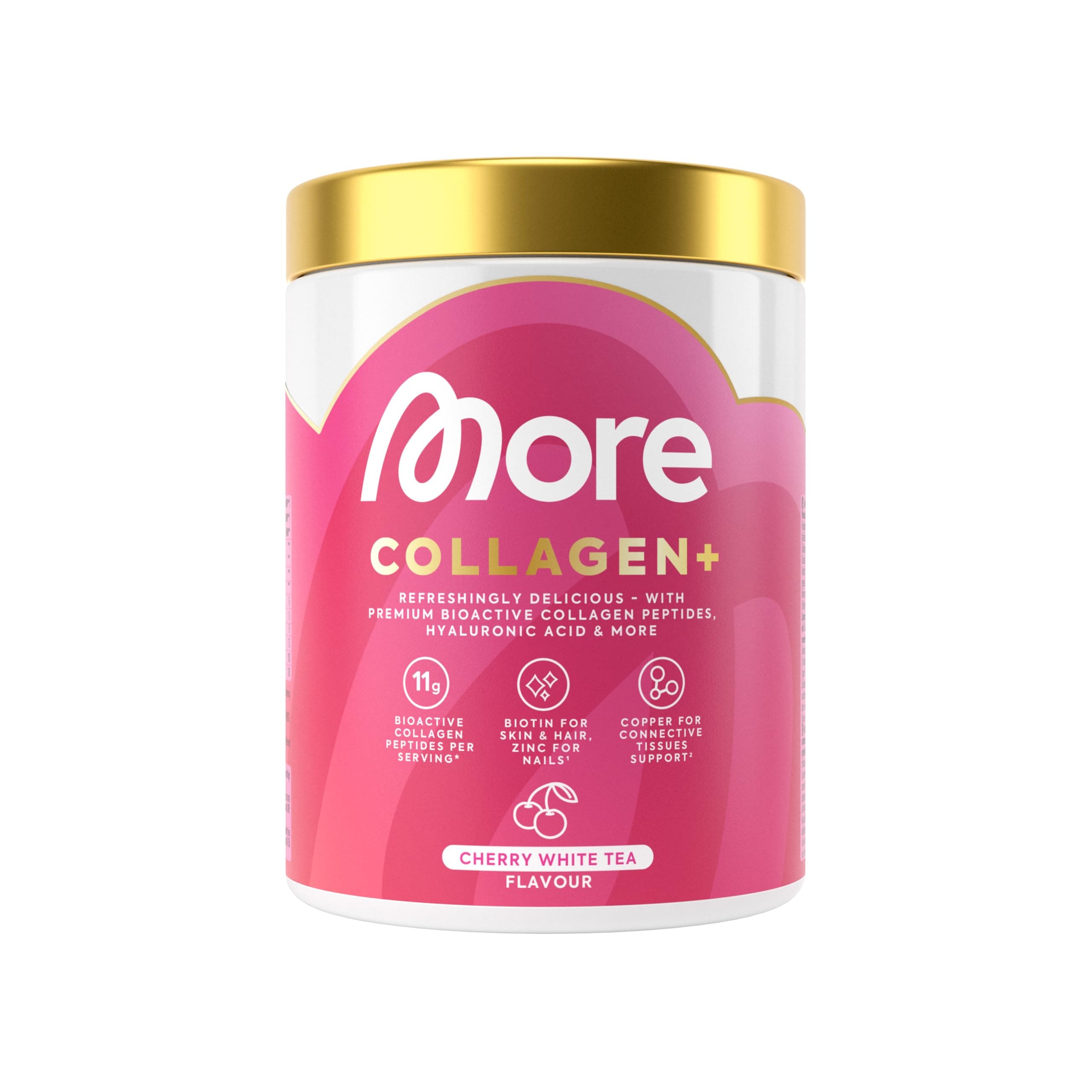 MORE Collagen+, 300 g, Cherry White Tea, mit Kollagenhydrolysat, Hyaluronsäure, Vitaminen, Mineralstoffen und Glycin, made in Germany