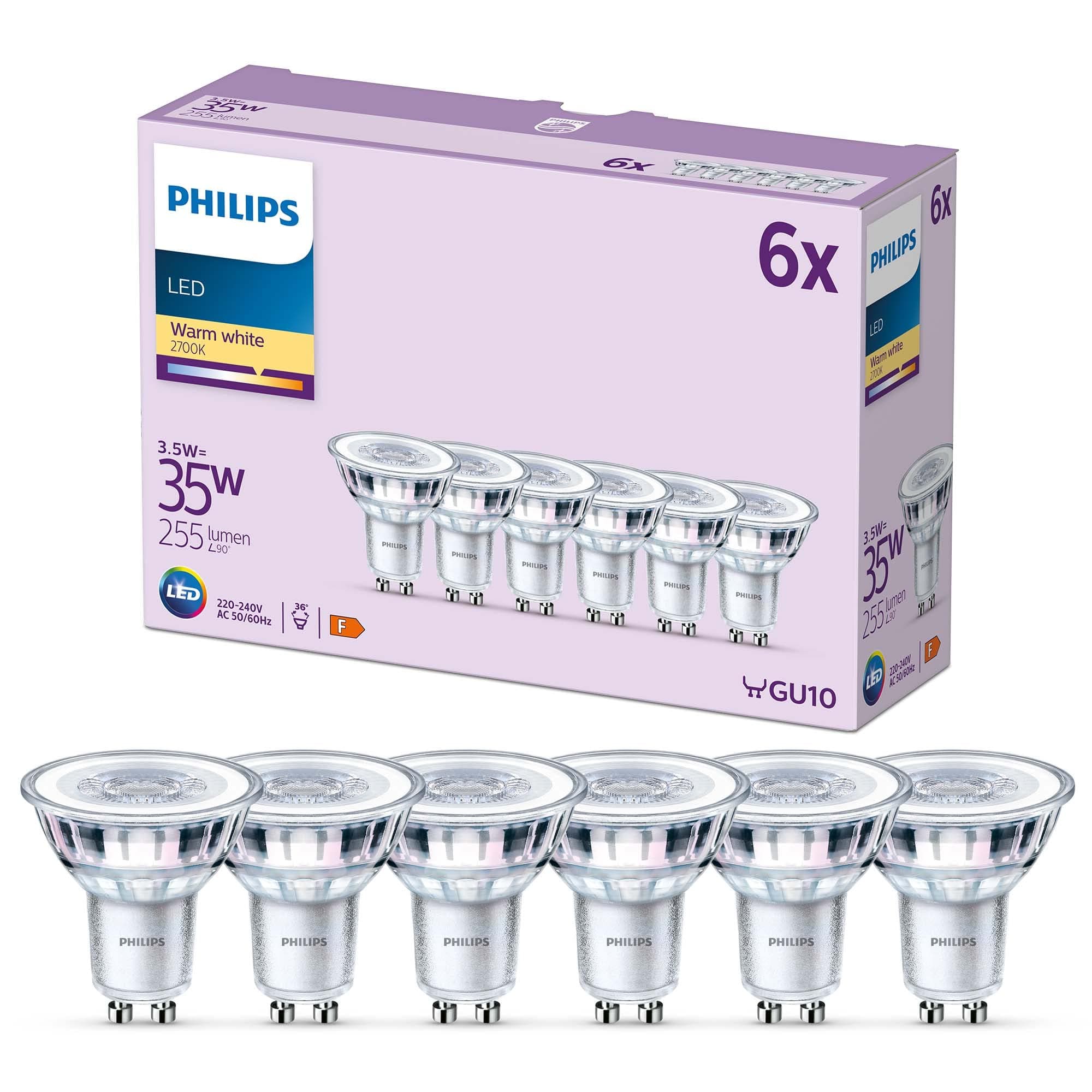 Philips LED Classic GU10 Lampen 6-er Pack (35 W), Reflektor LED Spots mit warmweißem Licht, energiesparende Lampen mit langer Nutzlebensdauer, Warmweiß