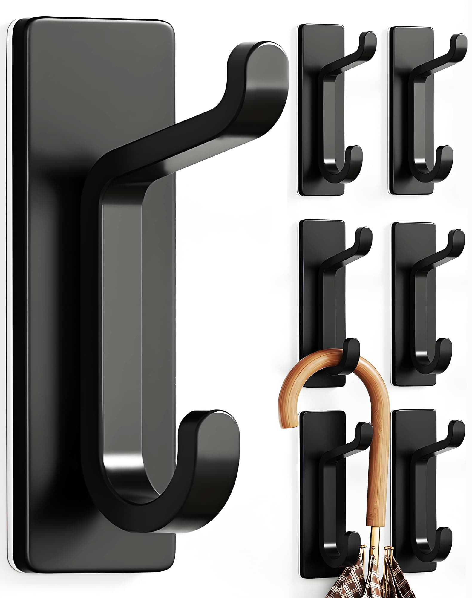 pickpiff Ganchos Adhesivos para Pared, Resistentes 6kg, Sin Taladrar, Impermeable, Colgadores para Baño Cocina Abrigos, Perchas Adhesivas de Acero Inoxidable, Negro, 6 Piezas