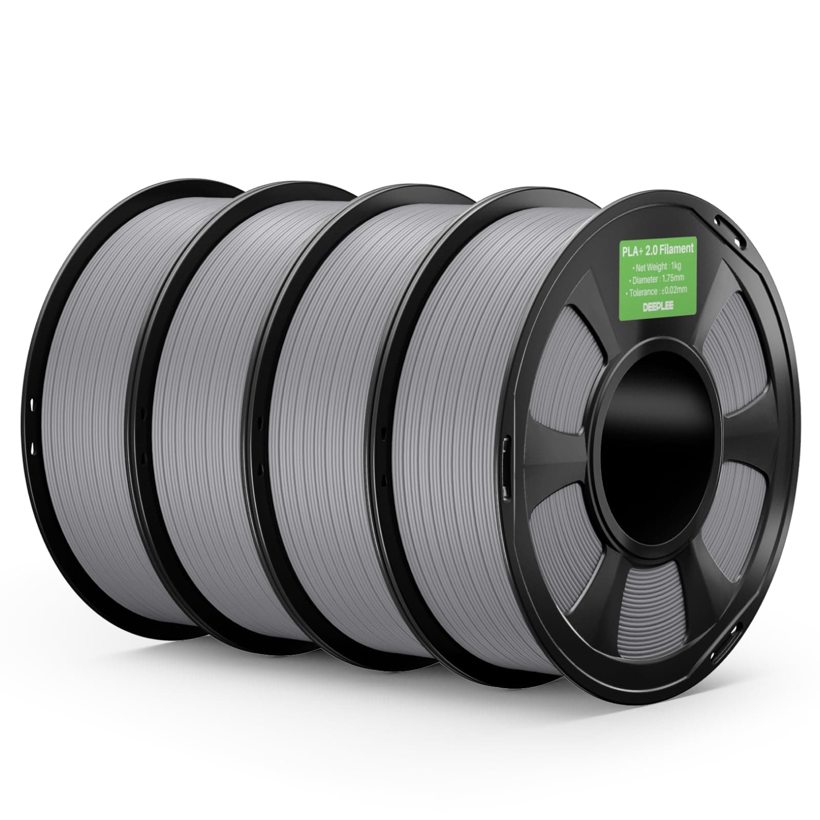 DEEPLEE PLA+ 2.0 1.75 mm, Kit 4 Bobinas Gris (4 kg). Resistencia al Impacto y Baja Deformación. Excelente Adhesión entre Capas. Enrollado Perfecto Sin Atascos. Compatible con FDM.