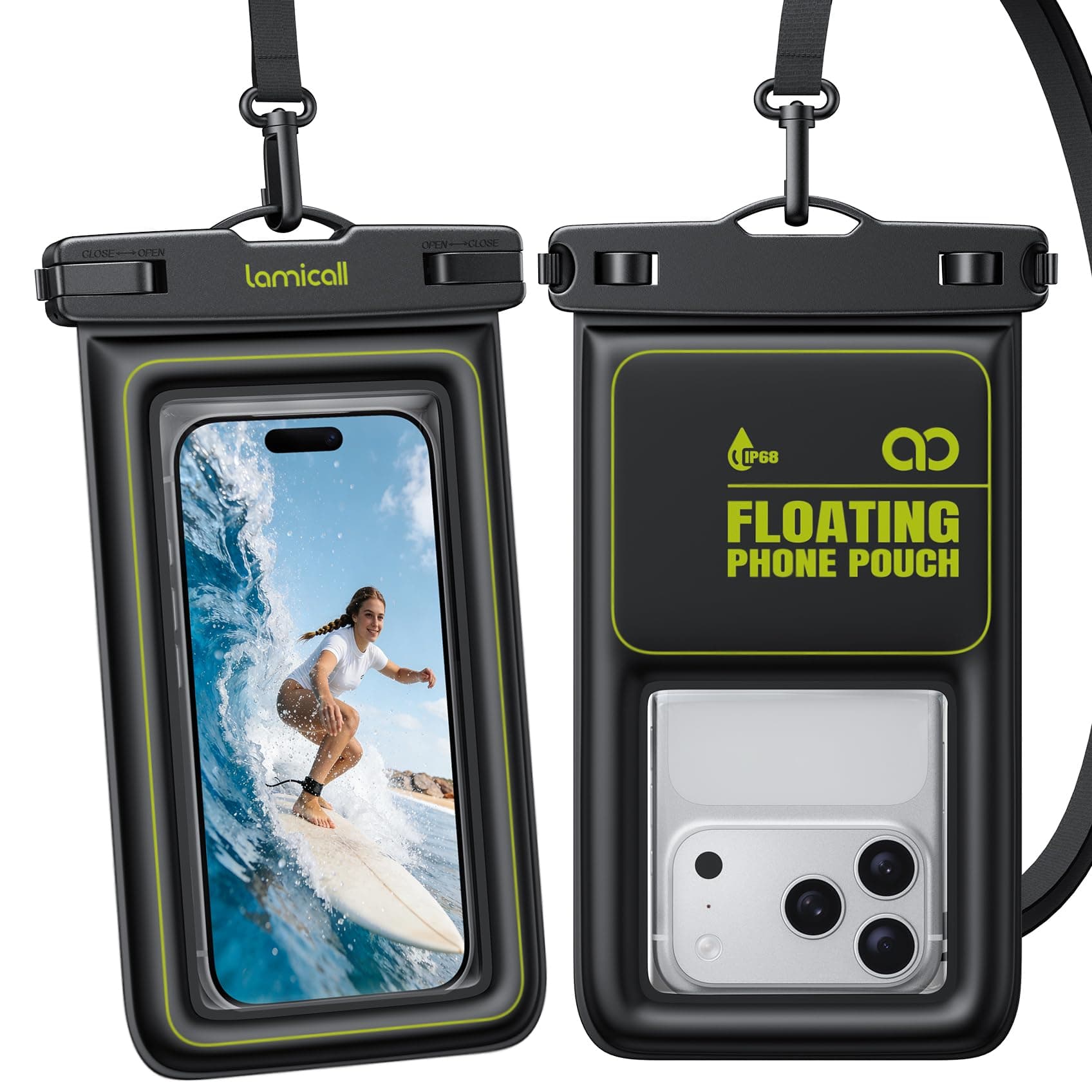 Lamicall IP68 wasserdichte Handyhülle, Unterwasser Handytasche - [Hoher Auftrieb] 2 Stück Wasserfeste Hülle für Schwimmen, 100% Waterproof Phone Case für iPhone 17/16/15, Smartphone bis zu 7,5 Zoll