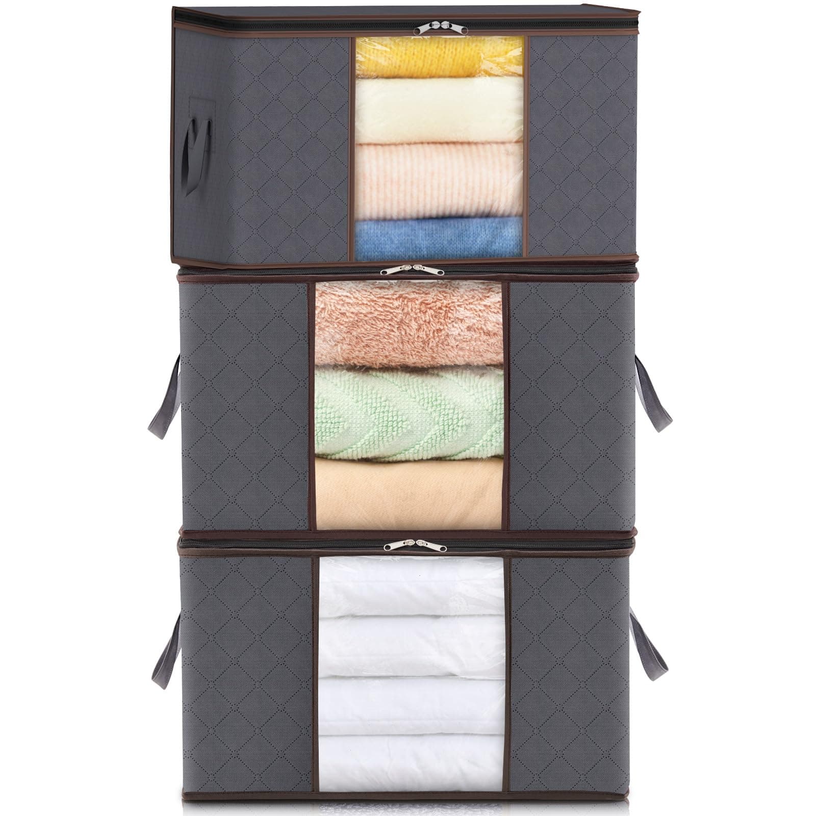 Lifewit Lot de 3 Sac de Rangement 75L, Boite Rangement Vetement Pliable, Caisse Rangement Sous Lit, Cartons Déménagement, Housse de Rangement Couette pour Vêtements, Couvertures, Jouets, Gris