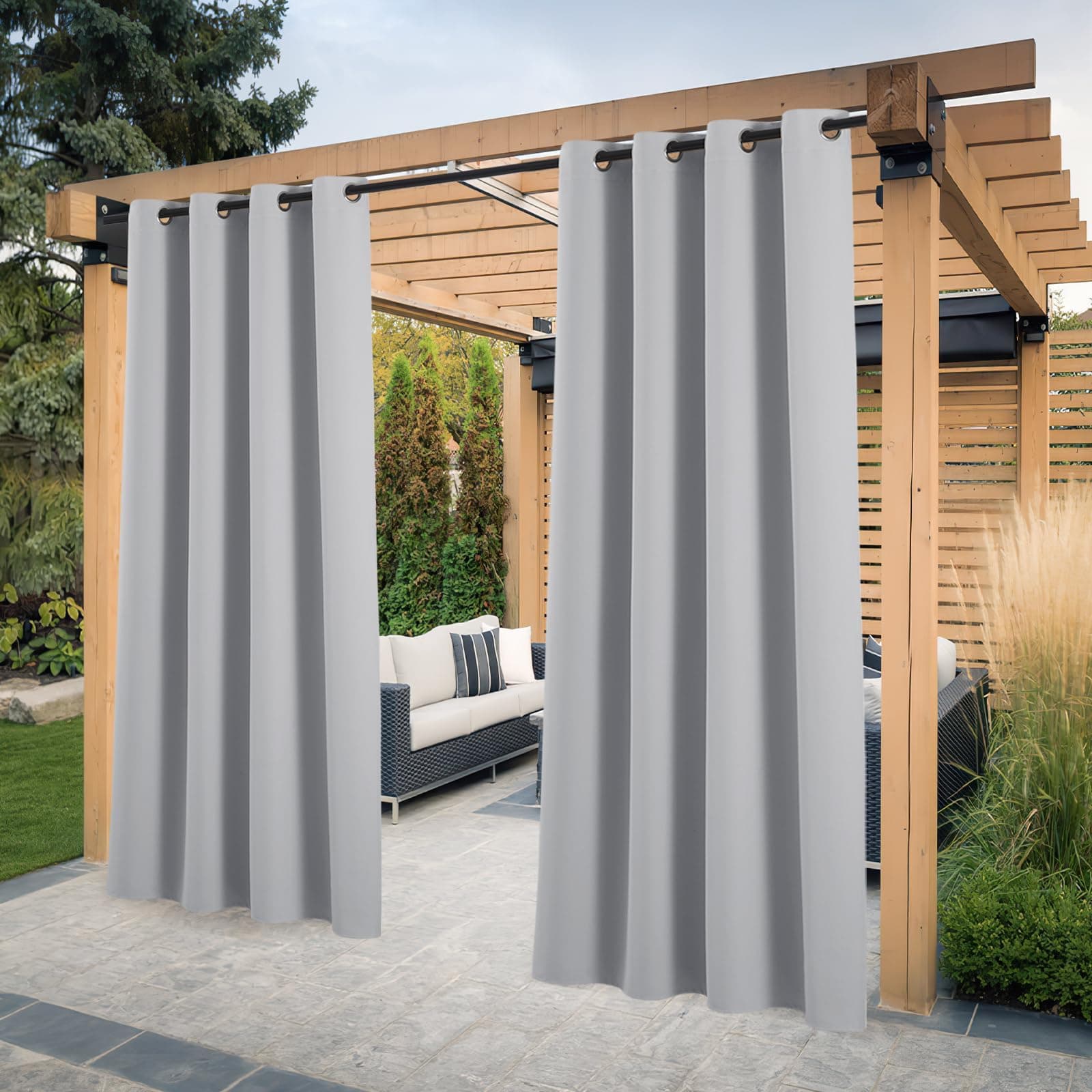 PONY DANCE Cortinas Opacas Impermeables de Exterior con Protección UV, Cortinas para Terrazas/Pergolas de Jardin con Ojales, 2 Piezas, 132x243 cm, Gris Claro
