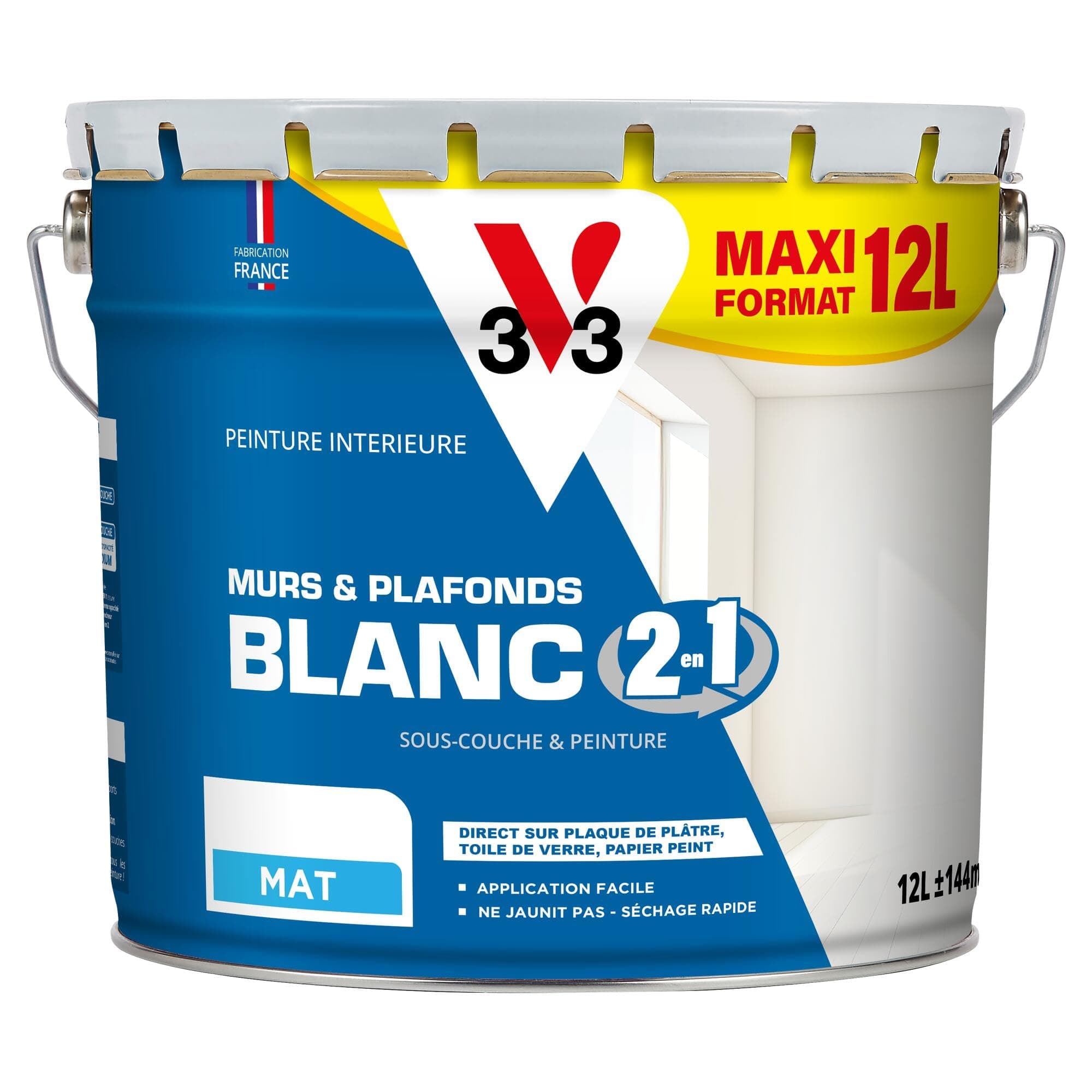 V33 Peinture blanche mur et plafond mat, BLANC 2 EN 1, 12L