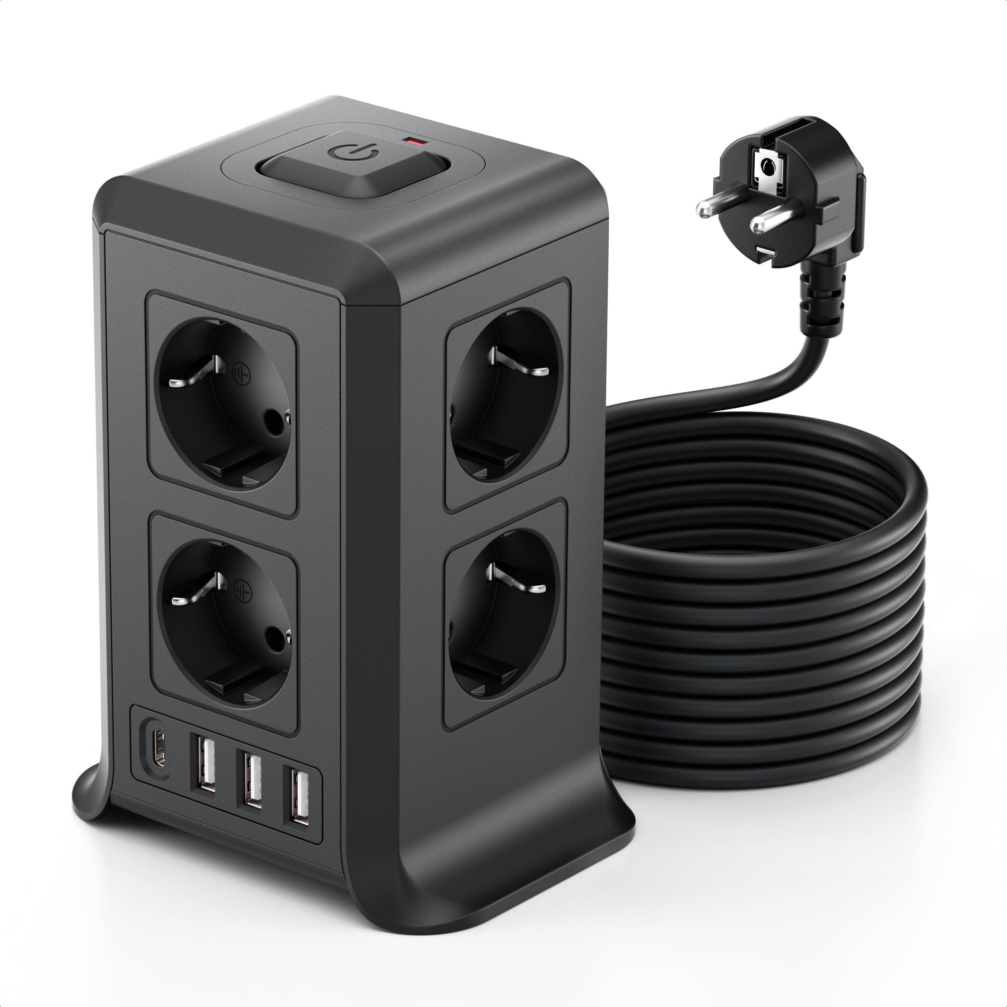 Multiprise avec Interrupteur, Tour Multiprise 8 Prises et 4 USB（3 USB-A&1 USB-C Max 5V/3.4A,Parafoudre et Surtension, 3M Câble à la Maison et au Bureau