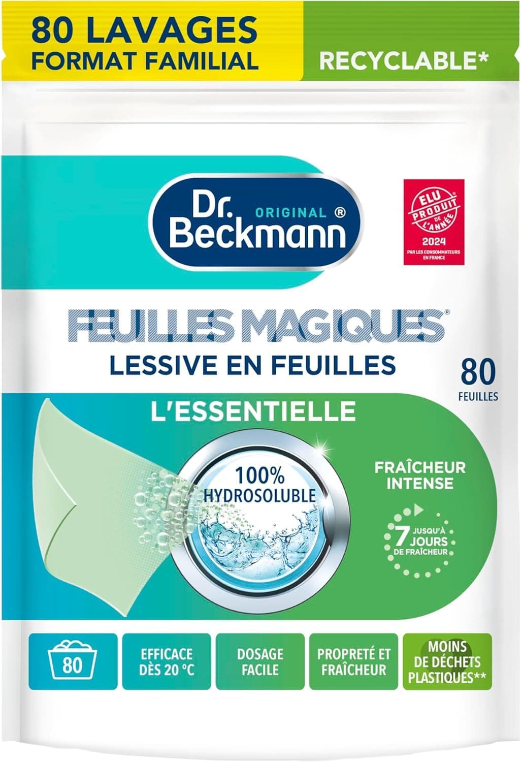 Dr. Beckmann - Lessive en feuilles L'ESSENTIELLE - Feuilles Magiques - Désinfectant Linge Pré-Dosé, Pratique et Léger - 100% Hydrosoluble - Produit Ménager Maison Facile à Utiliser - 80 Feuilles