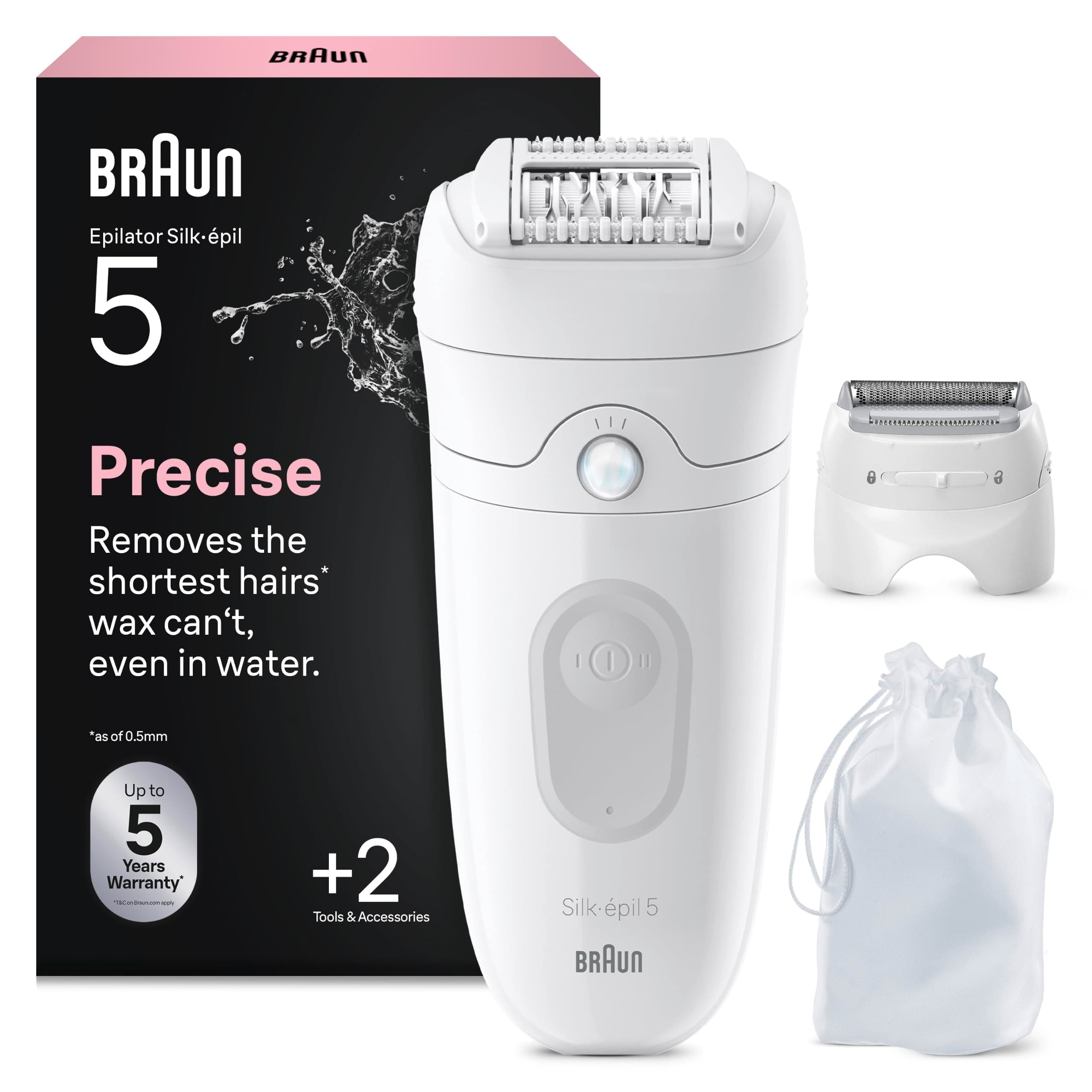 Braun Silk Epil 5 Epilatore Elettrico Donna, Rasoio Elettrico Donna Per Una Epilazione Semplice, Wet & Dry, Pelle Liscia a Lungo, Con Testina Per Rasoio e Cappuccio Rifinitore, 5-041