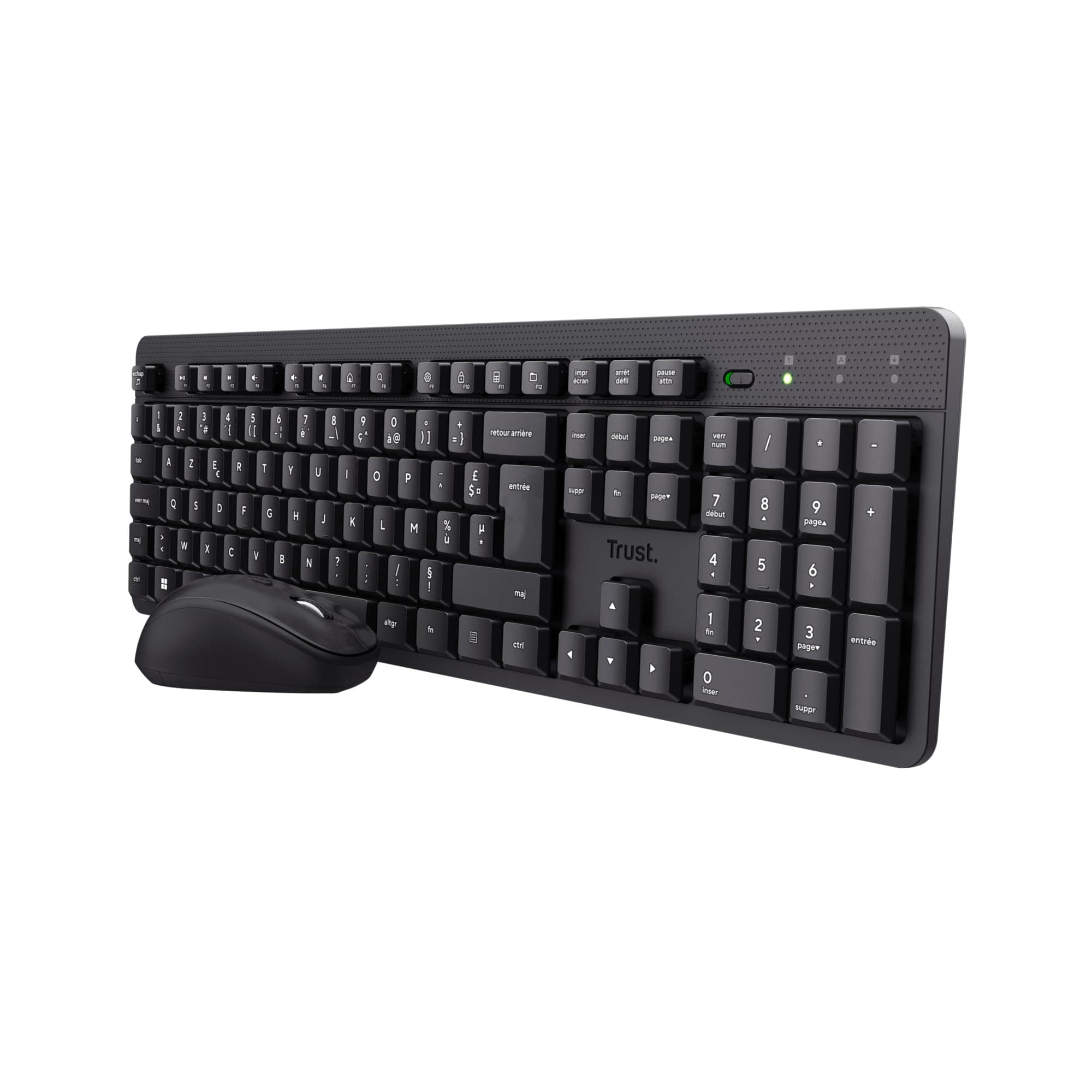 Trust Ymo II Pack Clavier et Souris sans Fil AZERTY Français Silencieux, Touches Plates Flottantes, Résistant aux Éclaboussures, Récepteur USB Unique, Set pour PC, Portable, Windows, Mac - Noir