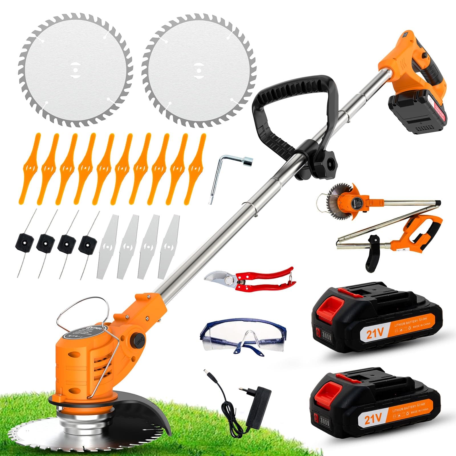 OUTIGO Tagliabordi a batteria, 4 tipi di accessori per la potatura, 2 batterie da 21 V, Pieghevole, Adatto a giardini e prati