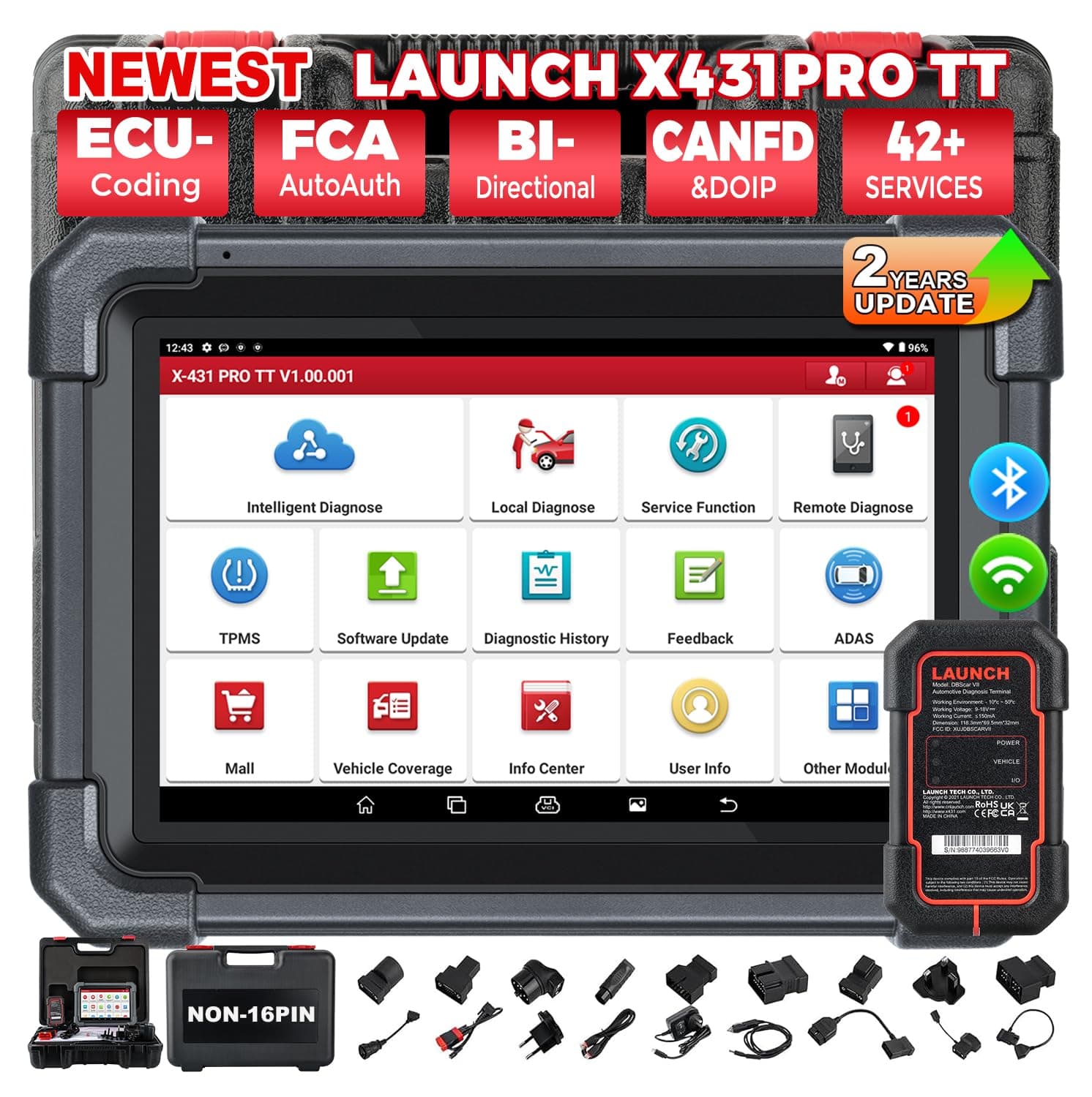 Launch X431 Pro TT Elite Valise Diagnostic Auto Diagnostic de Tous Les systèmes avec DBSCar VII Connecteur, Bi-directionnel, 38+ Réinitialisation, Codage ECU, CANFD&DOIP, FCA, Guide V.A.G.Diagnostic