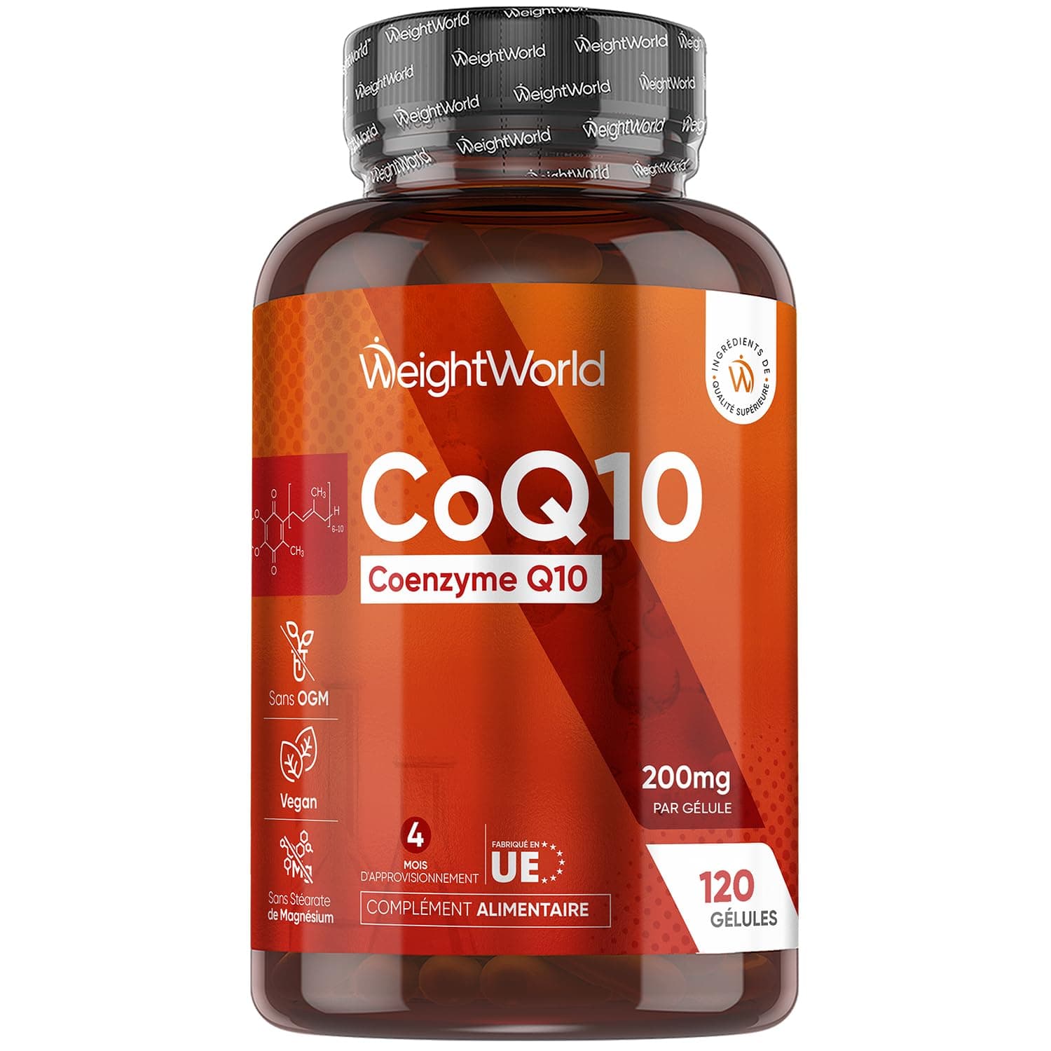 Coenzyme Q10 200mg, 120 Gélules Vegan, Ubiquinone CoQ10 Précurseur de l'Ubiquinol Q10 Coenzyme sans Gluten et sans Stéarate de Magnésium, pour 4 Mois d'Approvisionnement