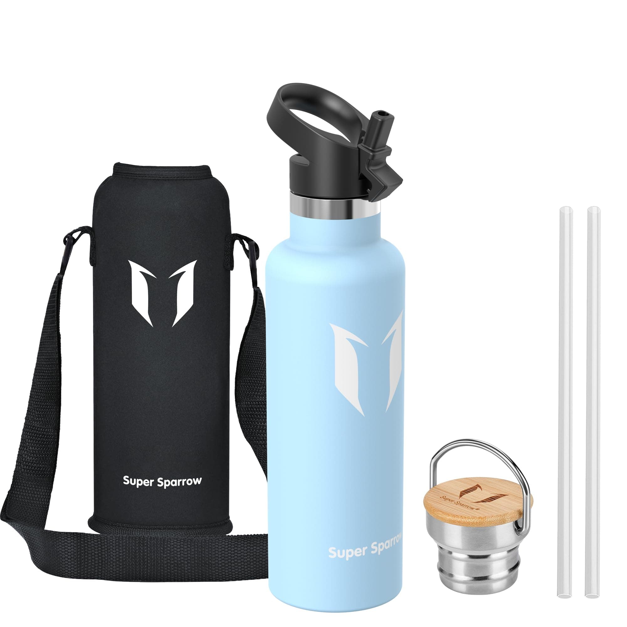 Super Sparrow Trinkflasche Edelstahl - 500ml/750ml/1L - Auslaufsicher Thermoskanne, BPA-Frei Wasserflasche - Thermosflasche Kinder für Sprudel, Sport, Schule, Fitness - Mit 2 Deckeln