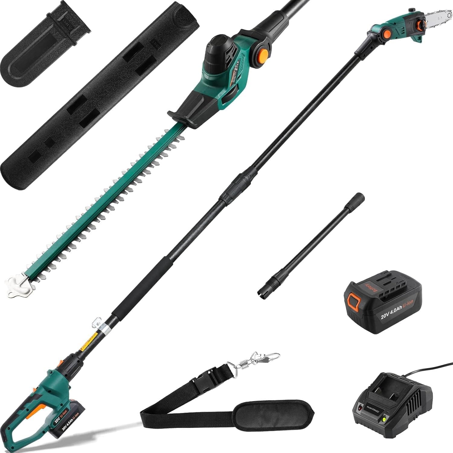 2 in 1 Combo Set, 24cm Potatore Elettrico, 45cm Tagliasiepi Telescopico a Batteria, Batteria 20V 4Ah e Caricabatterie, Testa Inclinabile, incl. Tracolla Regolabile, Fino a 4M