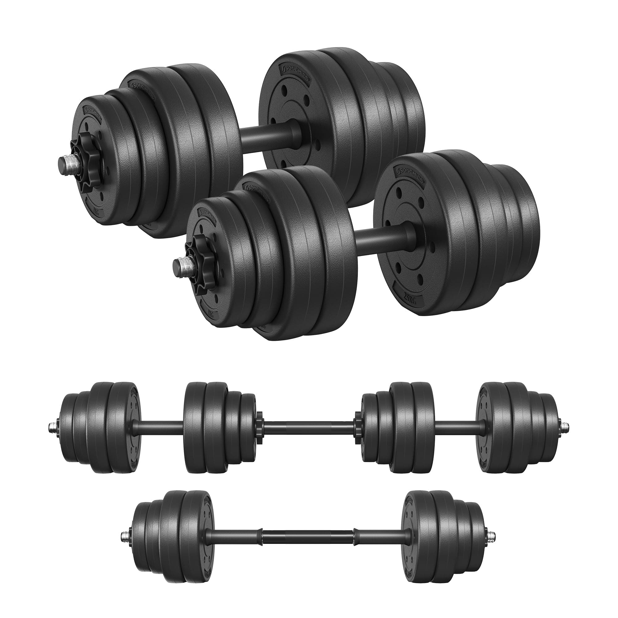 SONGMICS Kit Haltères Musculation, Poids Réglable, Revêtement en Plastique, Fitnesse, Musculation, à la Maison, avec Barre d’Extension Supplémentaire en Acier