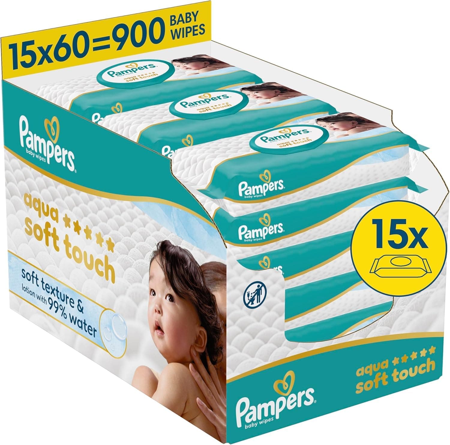 Pampers Aqua Soft Touch Baby-Feuchttücher, 15 Packungen mit 60 Feuchttüchern = 900 Baby-Feuchttücher, weiche Textur & Lotion mit 99% Wasser