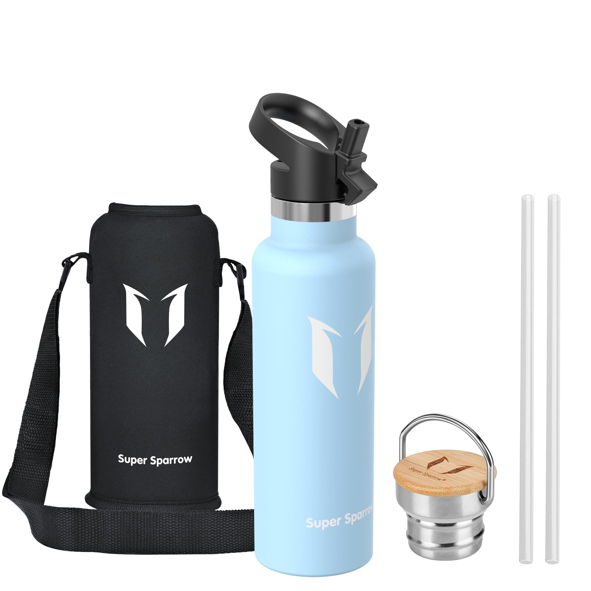 Super Sparrow Trinkflasche Edelstahl - 500ml/750ml/1L - Auslaufsicher Thermoskanne, BPA-Frei Wasserflasche - Thermosflasche Kinder für Sprudel, Sport, Schule, Fitness - Mit 2 Deckeln