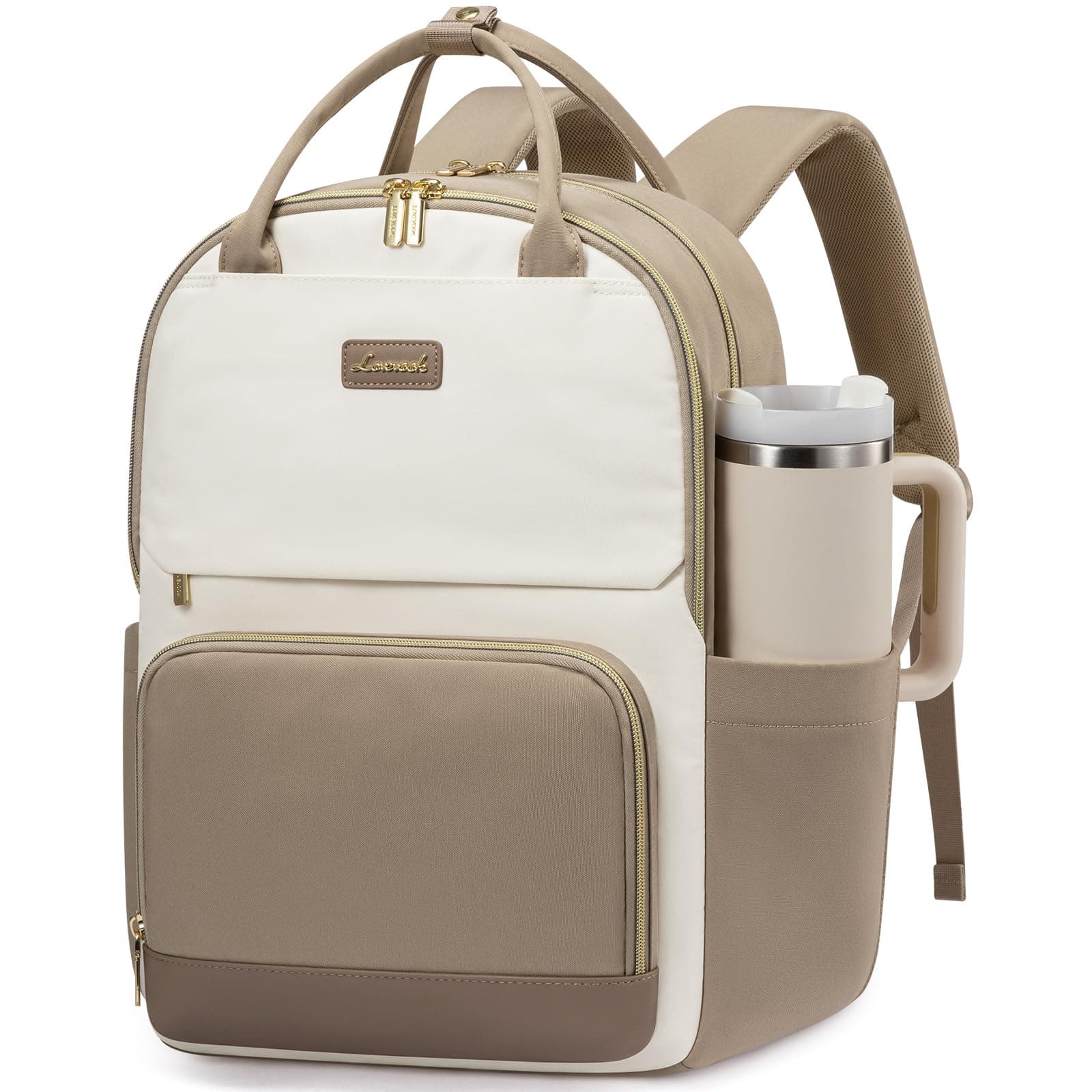 LOVEVOOK Rucksack Damen, 15.6 Zoll Laptop Schulrucksack Teenager mit Großem Flaschenfach, Uni Schultasche Travel Backpack Women Elegant, Arbeitstasche Tagesrucksäcke für Reise Schule, Khaki Beige
