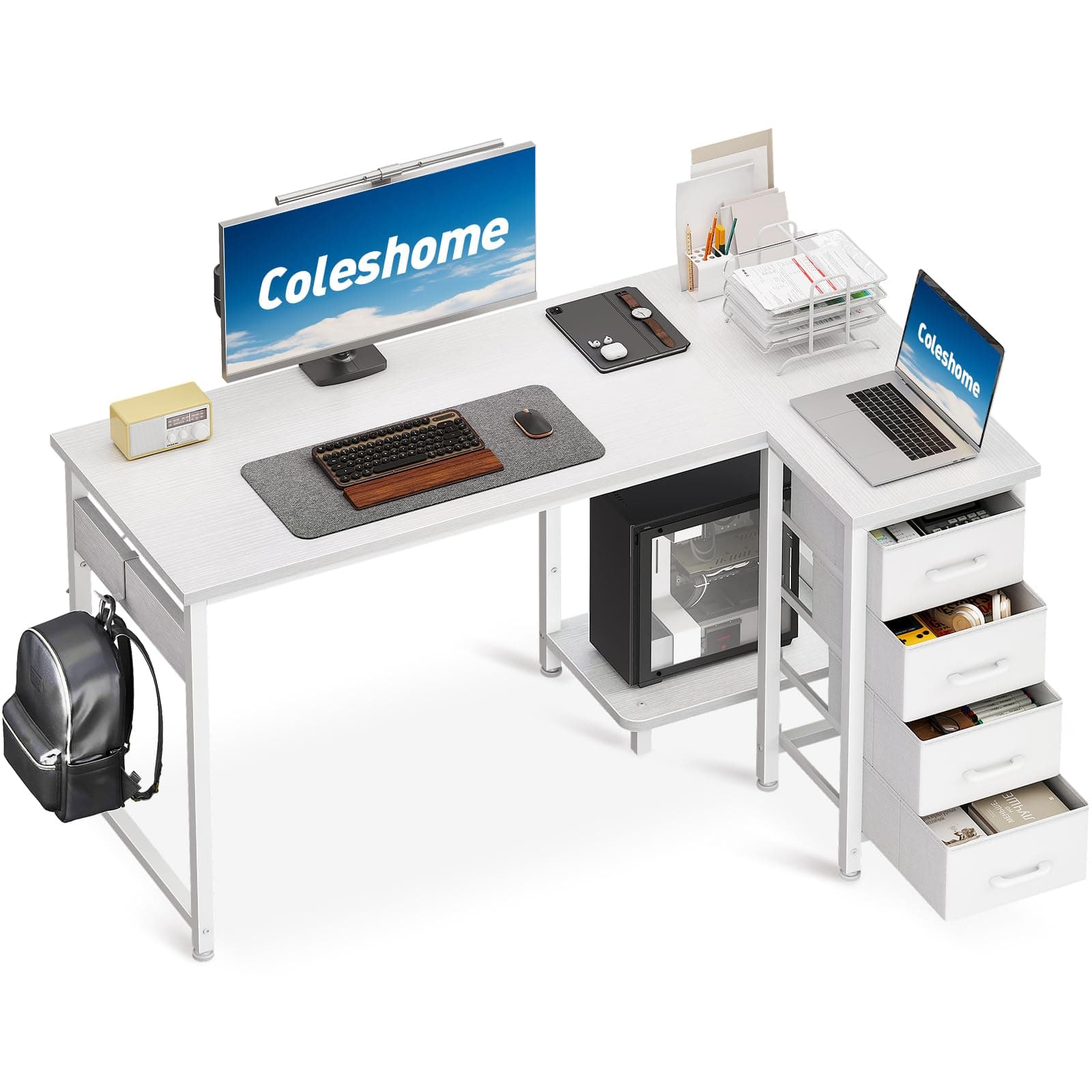Coleshome Escritorio Esquinero con 4 Cajones de Tela, 120x70cm Escritorio en L Reversible con Almacenamiento y Estanteria, Mesa Escritorio para Oficina en Casa y Dormitorio, Blanco