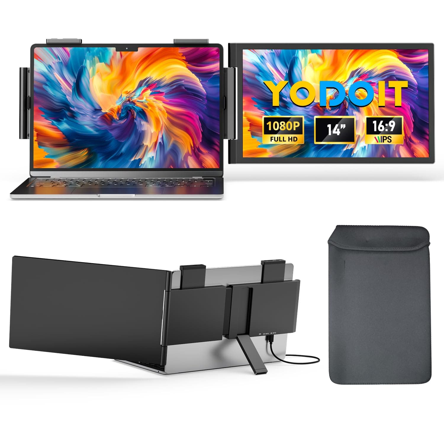 Yodoit Laptop Screen Extender, monitor da viaggio FHD da 14" con risoluzione 1920×1080, porta USB Type C e altoparlanti integrati, compatibile con PC, MacBook, Xbox