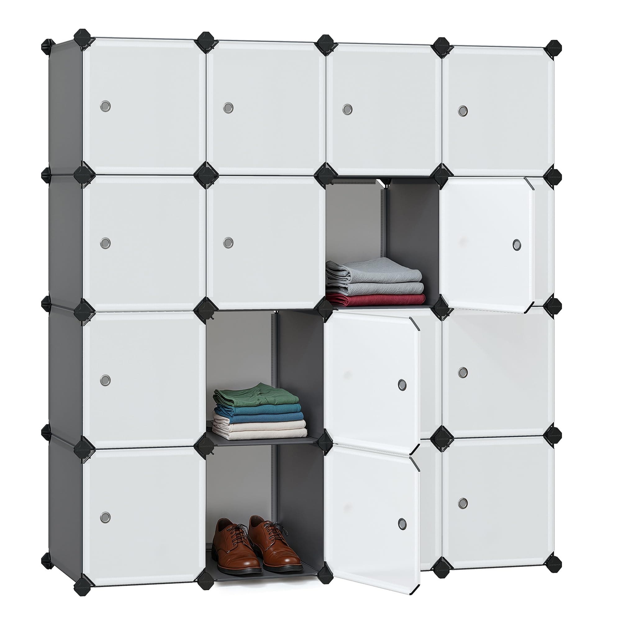 SONGMICS Regalsystem, Schuhregal, Set aus 16 Würfeln, Kleiderschrank aus Kunststoff, mit Türen, Steckregal, Aufbewahrung von Kleidung, Schuhen und Büchern, einfache Montage, grau LPC443G01