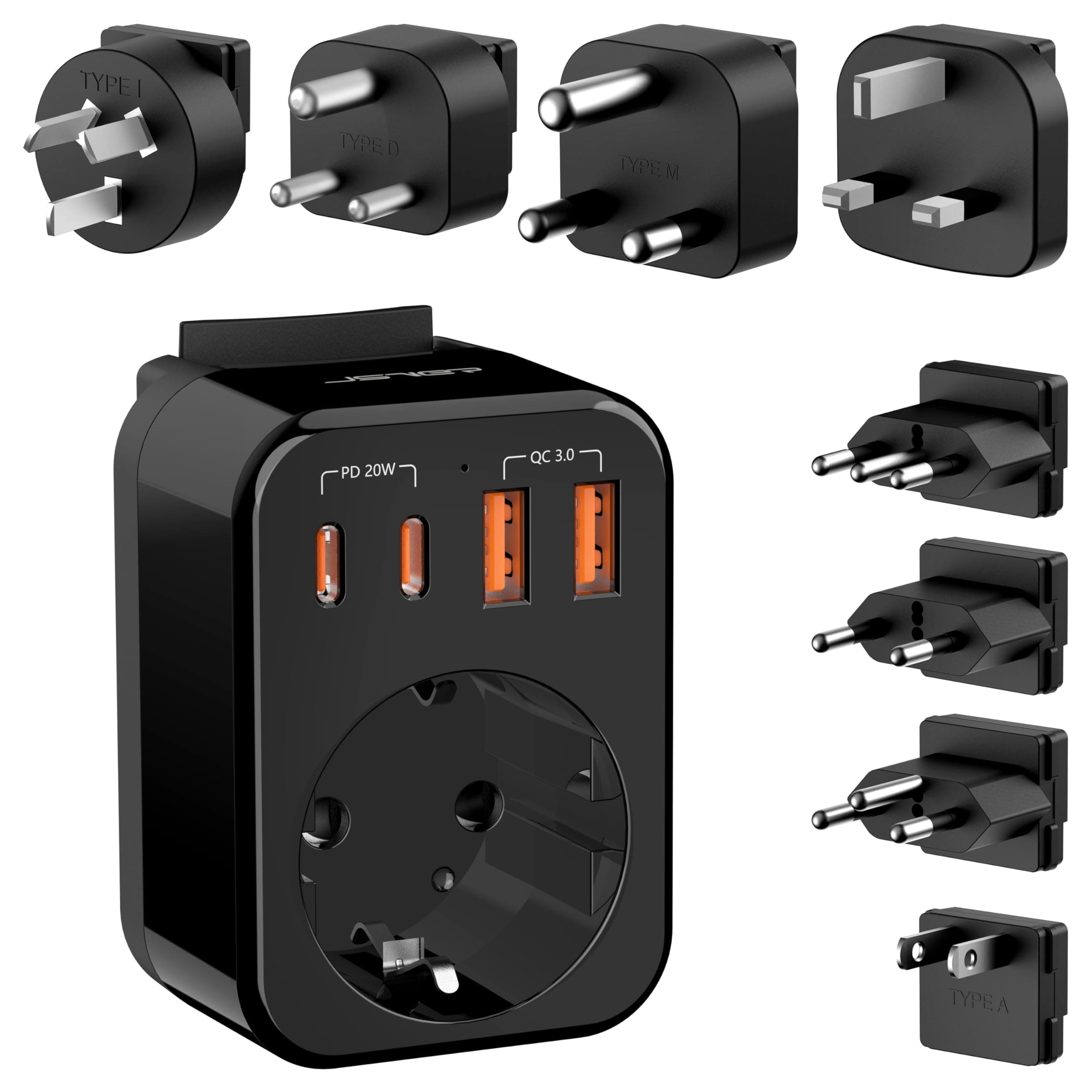 JSVER Adaptador de Viaje Universal con USB C(PD 20W), Adaptador Enchufe Universal con 8 Enchufes reemplazables Type D/G/C/A/I/M/L/J para USA/UK/EU/AUS/Japón/IT/Suiza, Más de 200 Países-Negro