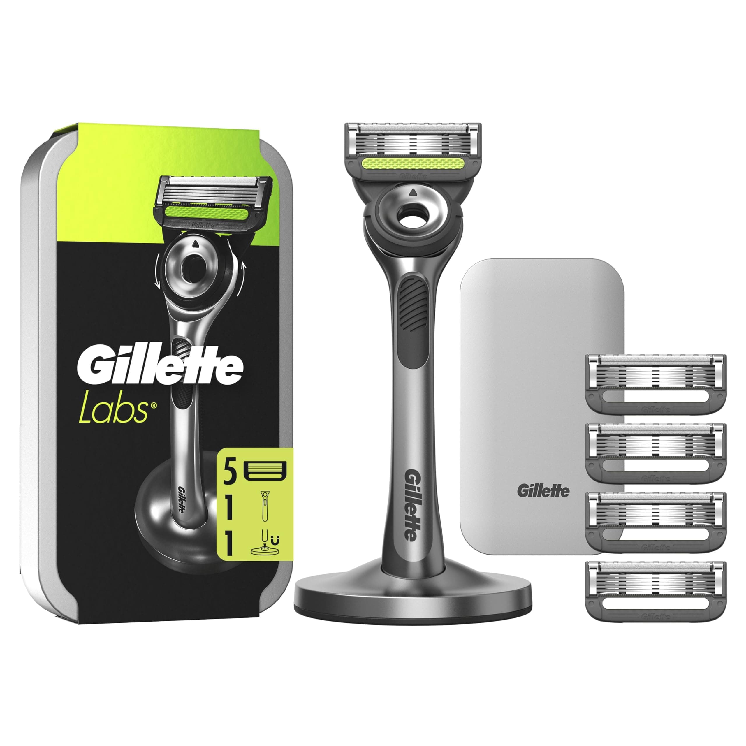Gillette Labs Rasoir Homme avec Barre Exfoliante, Manche Réutilisable, avec 5 Cartouches De Recharge GilletteLabs A 5 Meilleures Lames De La Marque, Rasage du Visage Confortable, Socle Magnétique