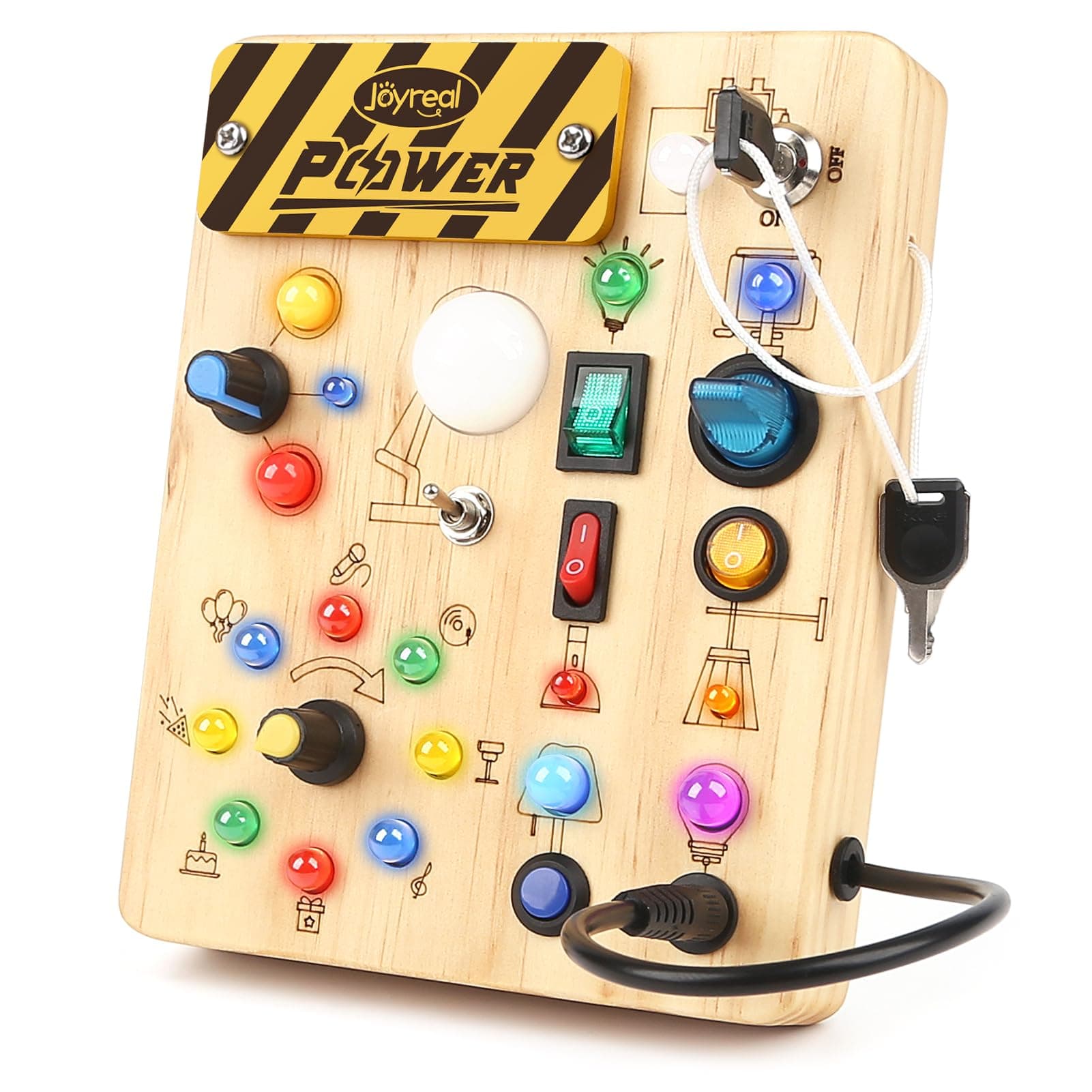 Joyreal Montessori Busy Board, Pannello Sensoriale Bambini Montessori in Legno con 19 LED, Giochi Educativi Regalo Bimbo 1 2 3 Anni, Tavolo Multiattivita Bambini