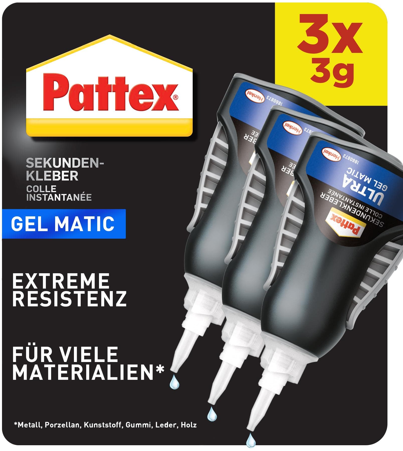 Pattex Sekundenkleber Ultra Matic Gel (3er-Pack x 3g), extra starkes Sekundenkleber Gel für schnelle, flexible Sofortreparaturen, wasserfester Kleber für die meisten Materialien*