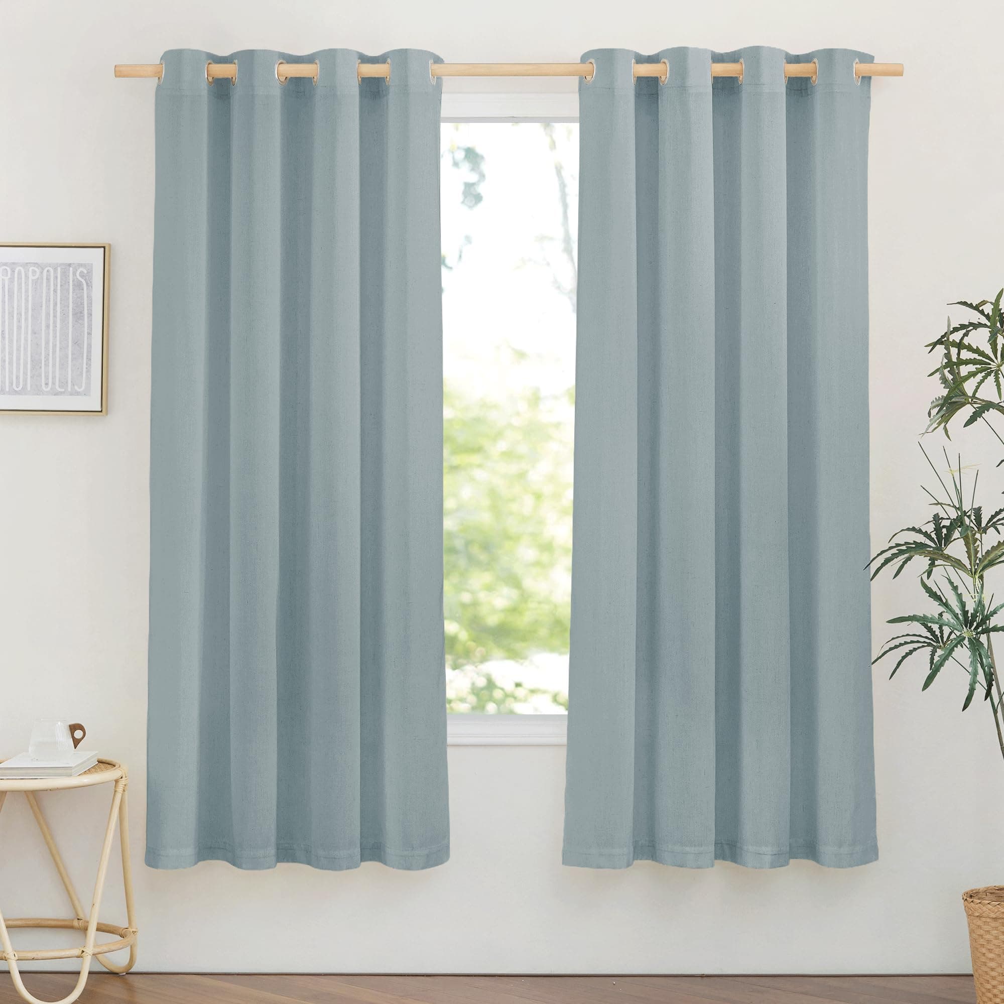 PONY DANCE Leinenoptik Vorhänge Halbtransparent Gardinen Wohnzimmer mit Ösen 2er Set H 160 x B 140 cm Graublau, Leinenvorhang Modern Scheibengardine Küche Kurzgardinen