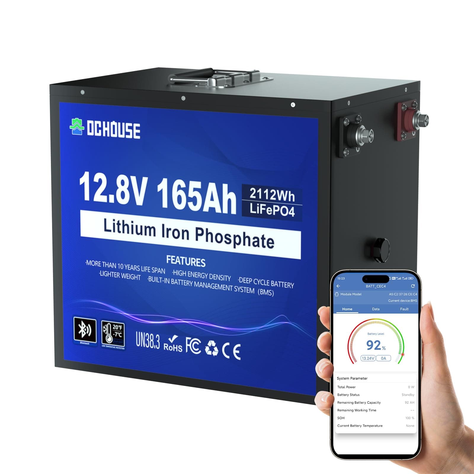DCHOUSE Batteria Litio LiFePO4 12V 165Ah con Protezione da Bassa Temperatura e Bluetooth, Custodia Metallica più Sicura,15000 Cicli, BMS da 120A, Ideale per Motori per Pesca a Traina, Marine, Solari