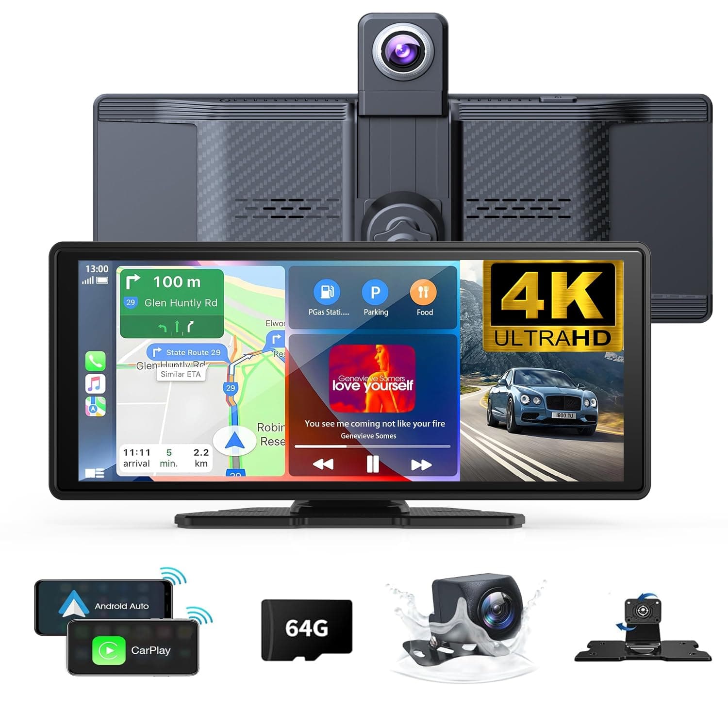 10.26" Wireless Carplay Screen 360 Rotation 4K Dash Cam with Auto Stereo Audio Receptor, 1080p Backup Camera, GPS Navegación, Espejo Link, Voz y Siri