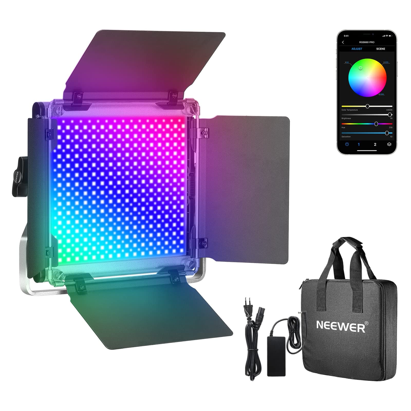 Neewer Luce LED RGB 660PRO Controllo via APP Illuminazione a 50W 360° Colore Pieno CRI98+ con Barndoor & Staffa-U per Giochi Streaming YouTube Webex Trasmissioni Conferenza Online Fotografia